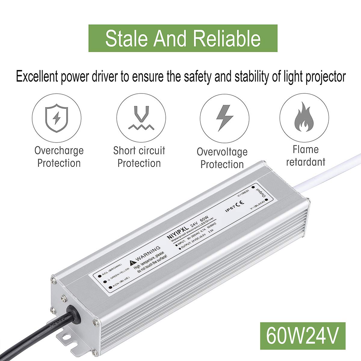 LED Driver 60 Watts 24V DC Low Voltage Transformer? Waterproof IP67 LED Power Supply, Adapter with 3-Prong Plug 3.3 Feet Cable for Any 24V DC led