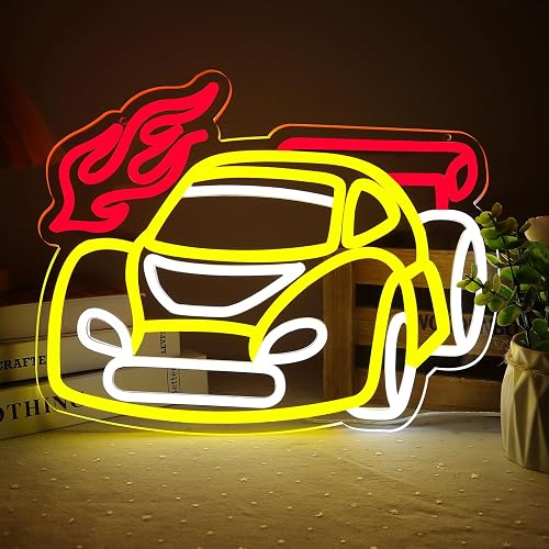 HKONHGUK Race Car Neon Sign Yellow Red White LED Light Dimmable USB Powered Wall Decor for Boys Bedroom Game Room Man Cave Racing Car Design