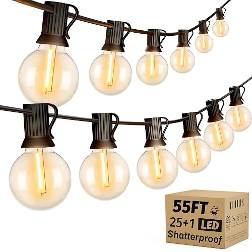 OHLUX Outdoor String Lights, 55FT Shatterproof LED Patio Lights with 26 Dimmable Plastic G40 Bulbs, 2200K Waterproof Connectable Hanging String