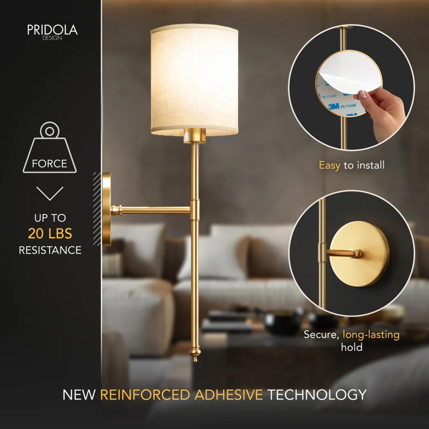PRIDOLA Set of 2 Wireless Wall Sconces - Stick-On or Screw Mount for Easy Installation with Rechargeable LED Bulbs, Remote Controlled, Adjustable
