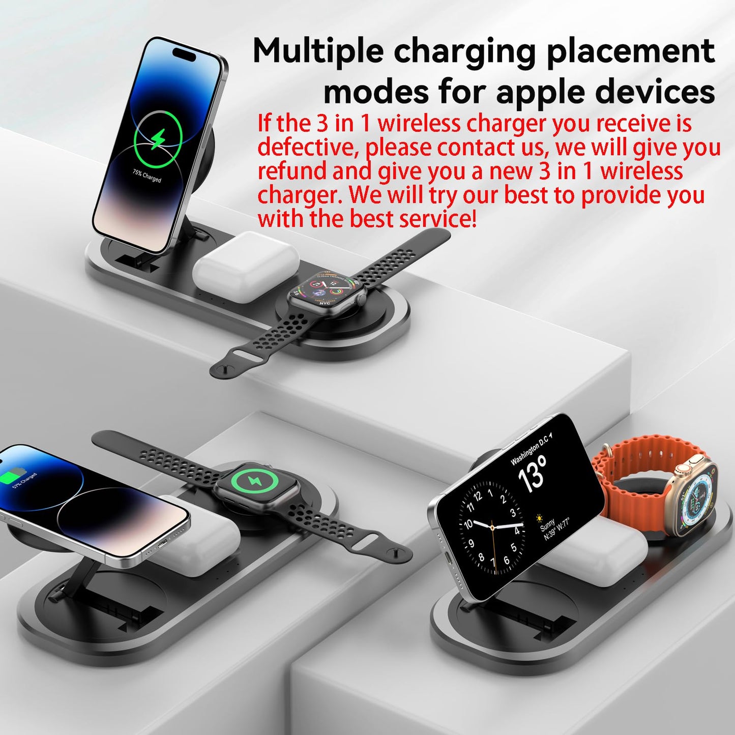 3 in 1 Fast Wireless Charger Stand for iPhone, Foldable Travel Charging Station for Magsafe for iPhone 17/Air/16/15/14/13/12 Series, Apple Watch