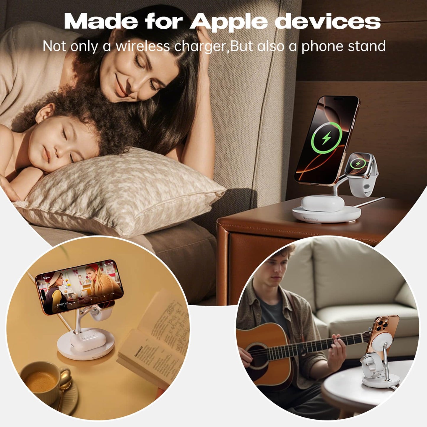 3-in-1 Magnetic Wireless Charger for iPhone 12-16,Fast Charging Station for Apple Watch & AirPods | MagSafe Desktop Dock, 360° Adjustable Stand