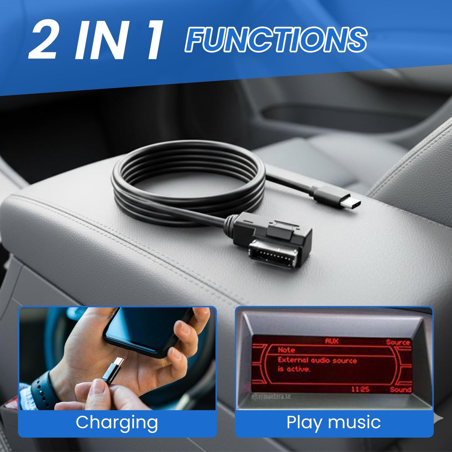 AMI MMI Type-C Aux Adapter Cable for Audi A3 A4 A5 A6 A8 - Music Interface Adapter Compatible with MMI 3G+ System, Supports iPhone 15/16 & Android