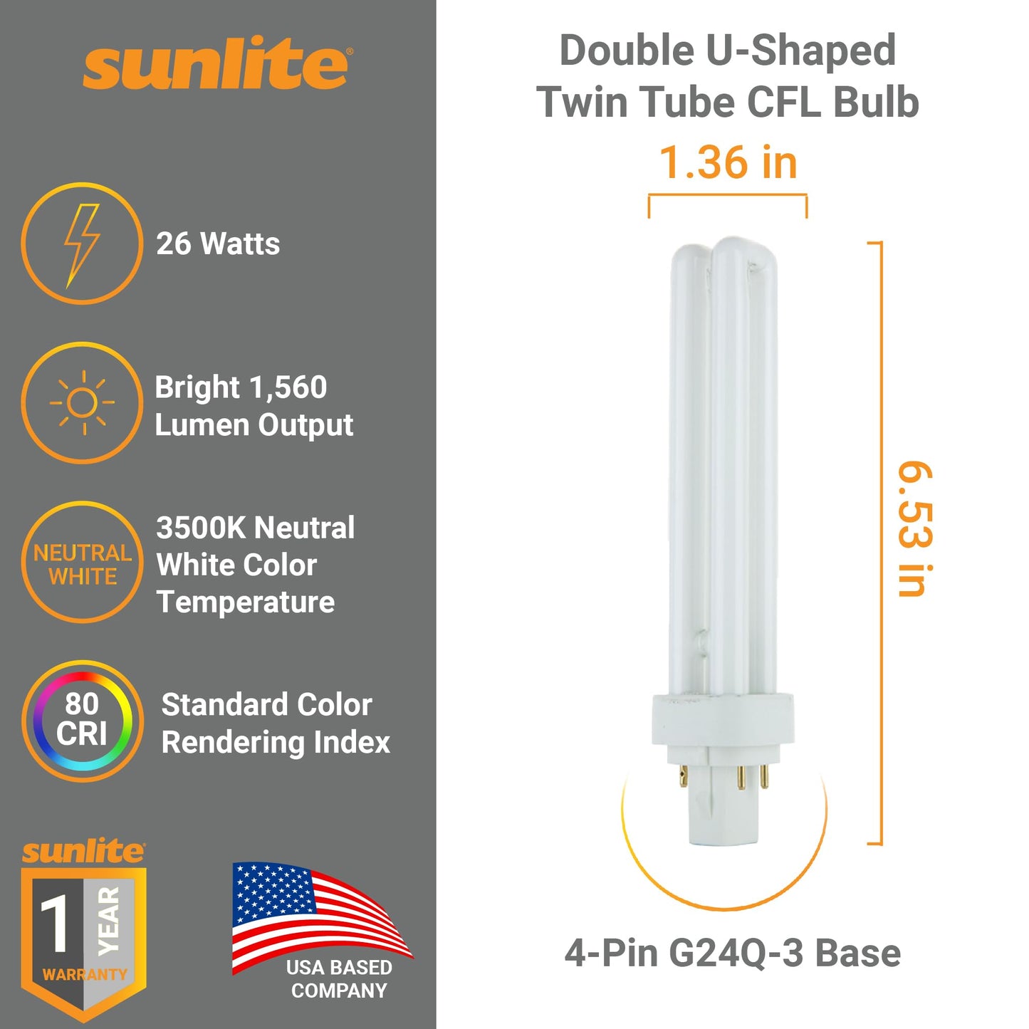 Sunlite Compact Fluorescent PLD 4 Pin Double U-Shaped Twin Tube Light Bulb, 26 Watts, 120 Volts, 4 PinG24q3 Base, 1560 Lumens, 3500K Neutral White, 10