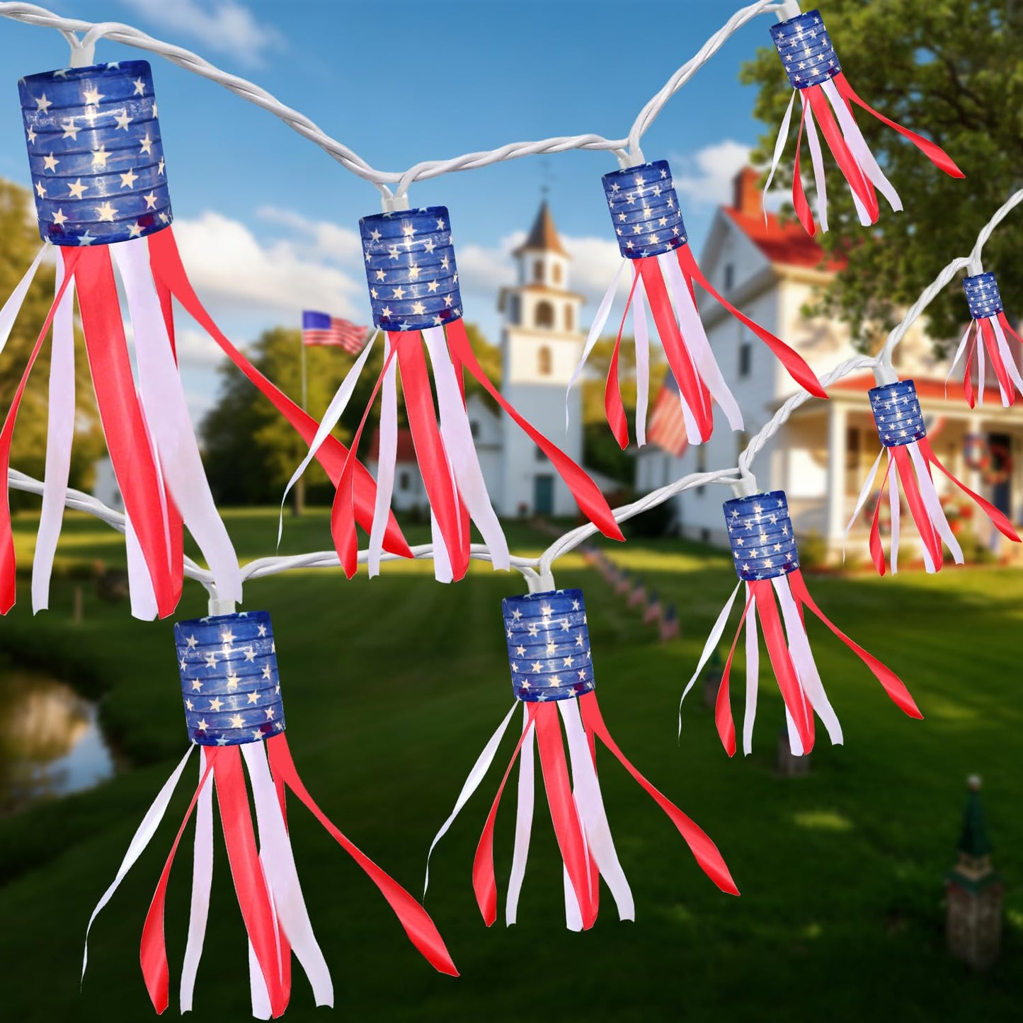 PASUTO 4th of July Decorations Lights, 8.5 FT American Flag Windsock String Lights Plug in with 10 LED Flag Windsock Bunting for Indoor/Outdoor Fourth