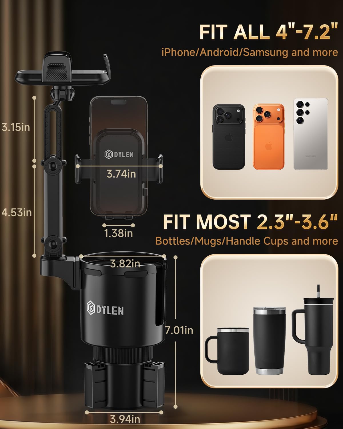 DYLEN Cup Holder Phone Holder for Car, 2 in 1 Cup Holder Phone Mount with Adjustable Base, Long-Arm Supports 360° Rotation, Car Phone Holder