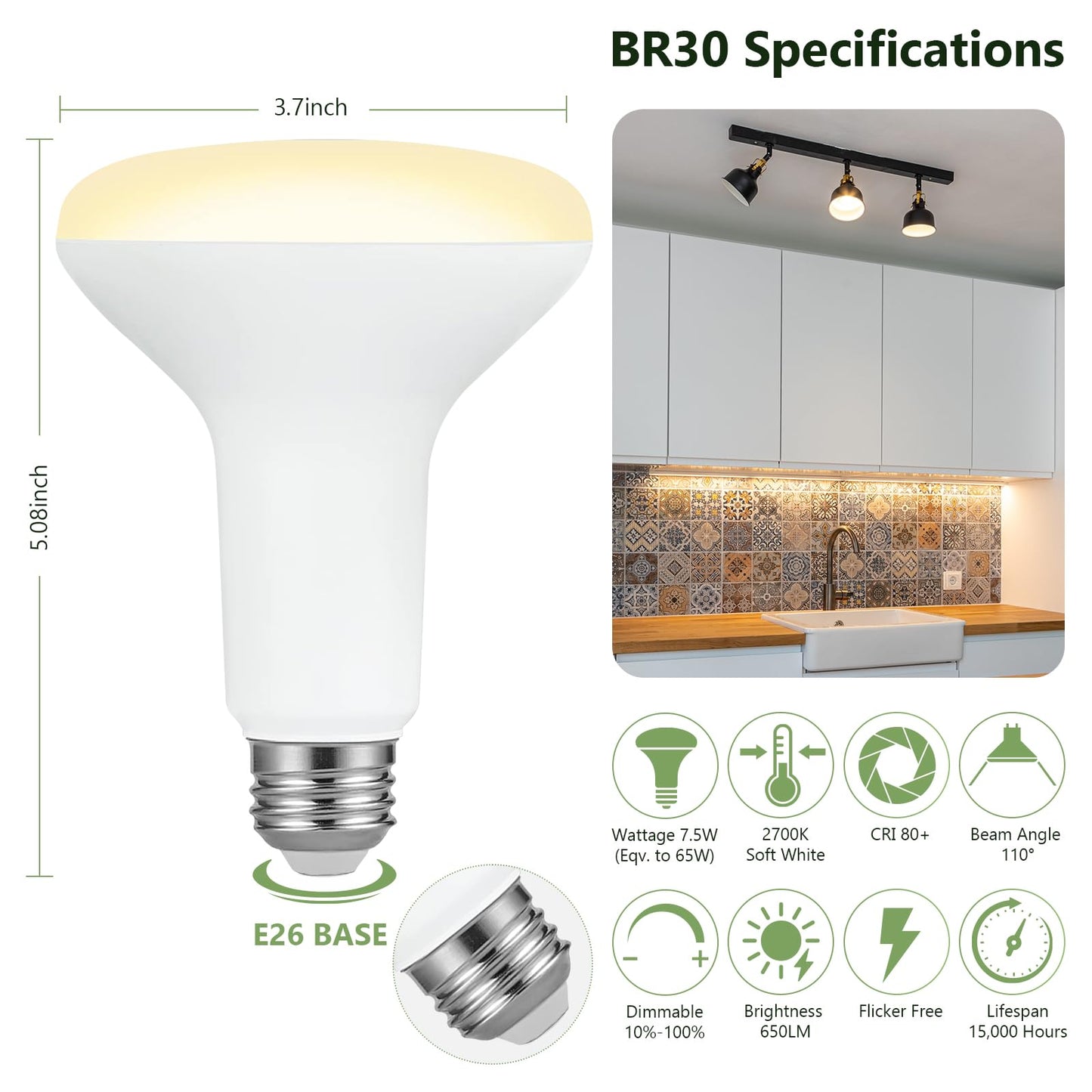 Sigalux 6 Pack BR30 LED Recessed Can Light Bulbs, 7.5W Equivalent 65W, 650 Lumens, 2700K Soft White, Dimmable, CRI 80, 110° Wide Beam, E26 Base, Ideal