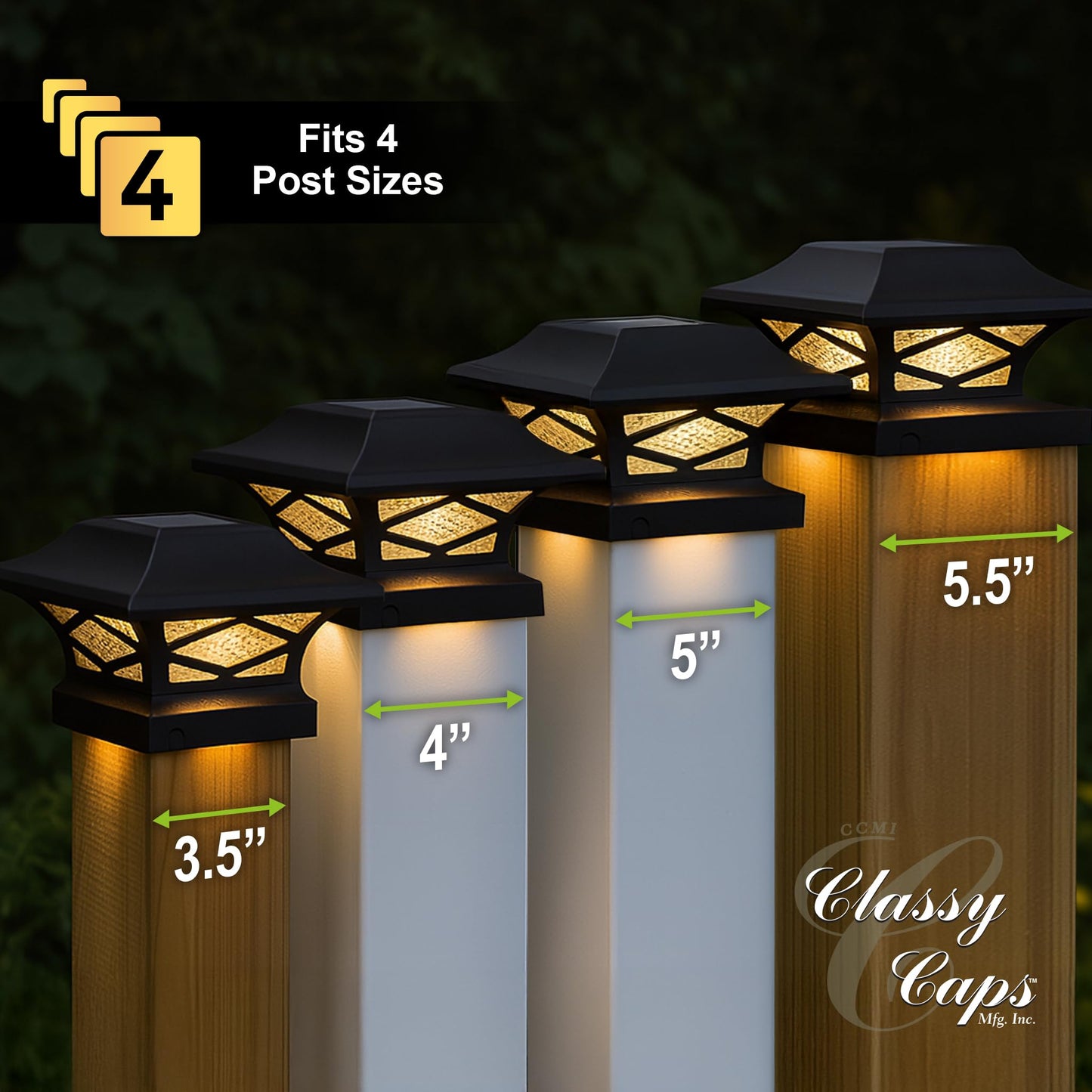 Classy Caps Kingsbridge Dual Lighted Solar Post Cap - Fits 3.5"x3.5", 4"x4", 5"x5", and 5.5"x5.5" Deck & Fence Posts - Black Aluminum, Real Glass