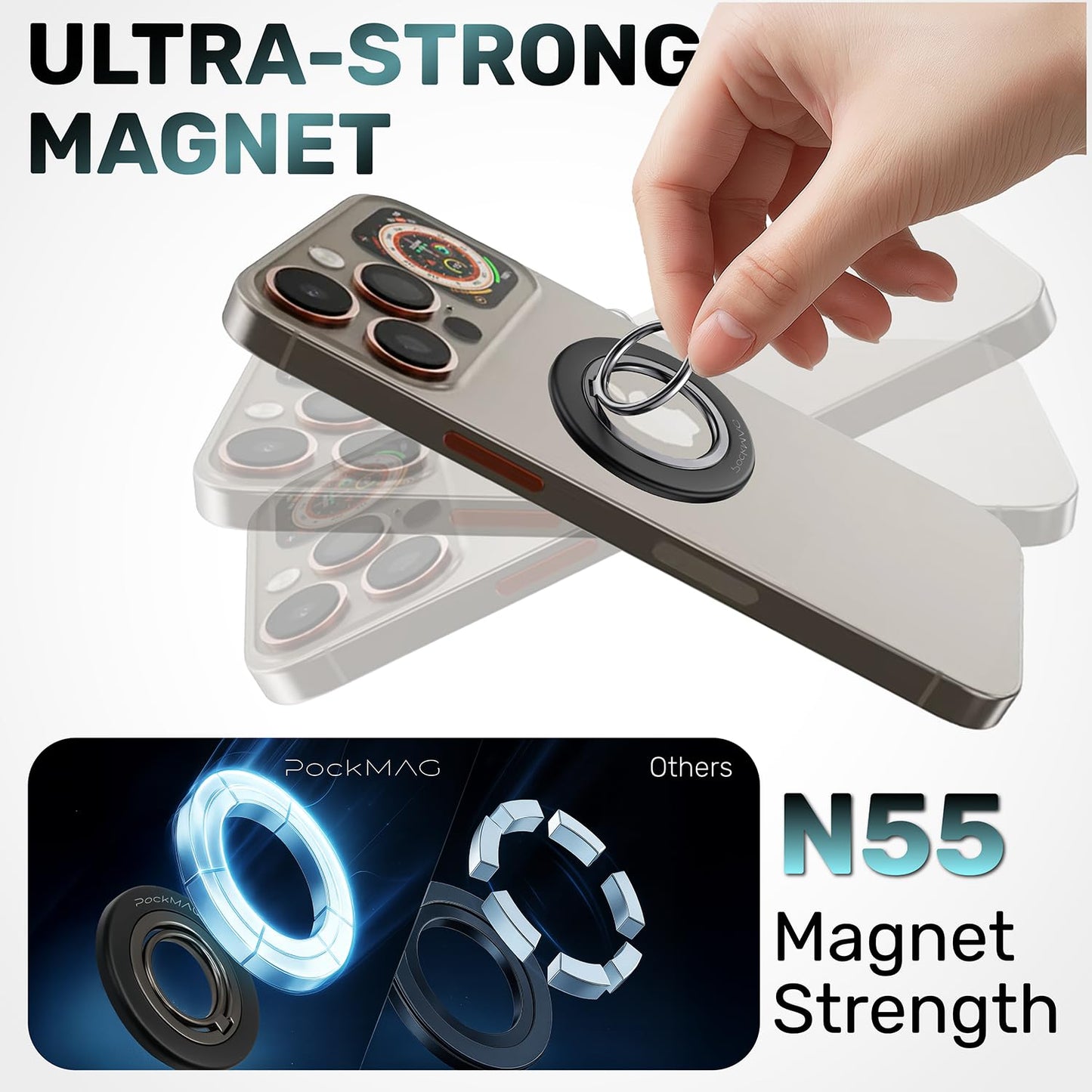 PockMAG Ultra-Strong Magnetic Phone Ring Holder for MagSafe - 360° Rotation, Dual-Sided Finger Ring Grip & Kickstand - Compatible with iPhone 16 Pro