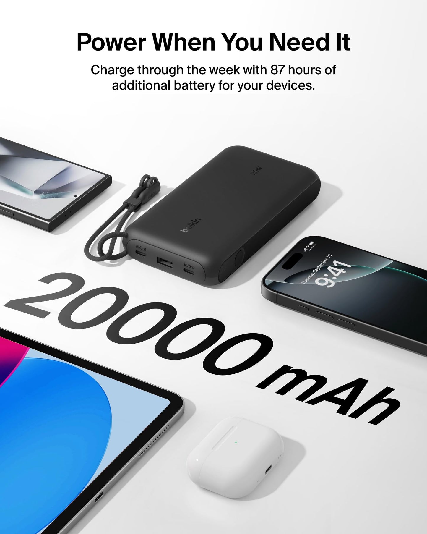 Belkin Portable Charger, USB-C Power Bank 20,000mAh w/ 2X USB-C Ports & 1x A Port, Digital Battery Display, 20W Charging for iPhone 17, Air, Pro