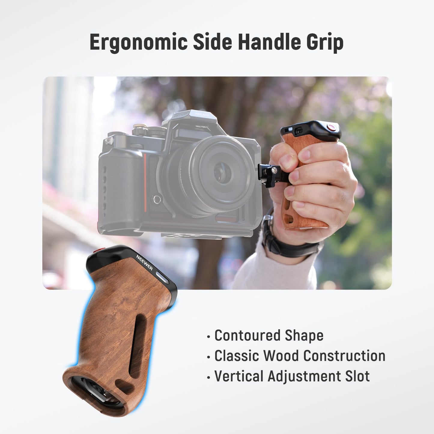NEEWER Wooden Side Handle with Record Start/Stop Remote Trigger NATO Clamp 1/4" & 3/8" Threads Vertical Adjustment 22lb Load Compatible with SmallRig