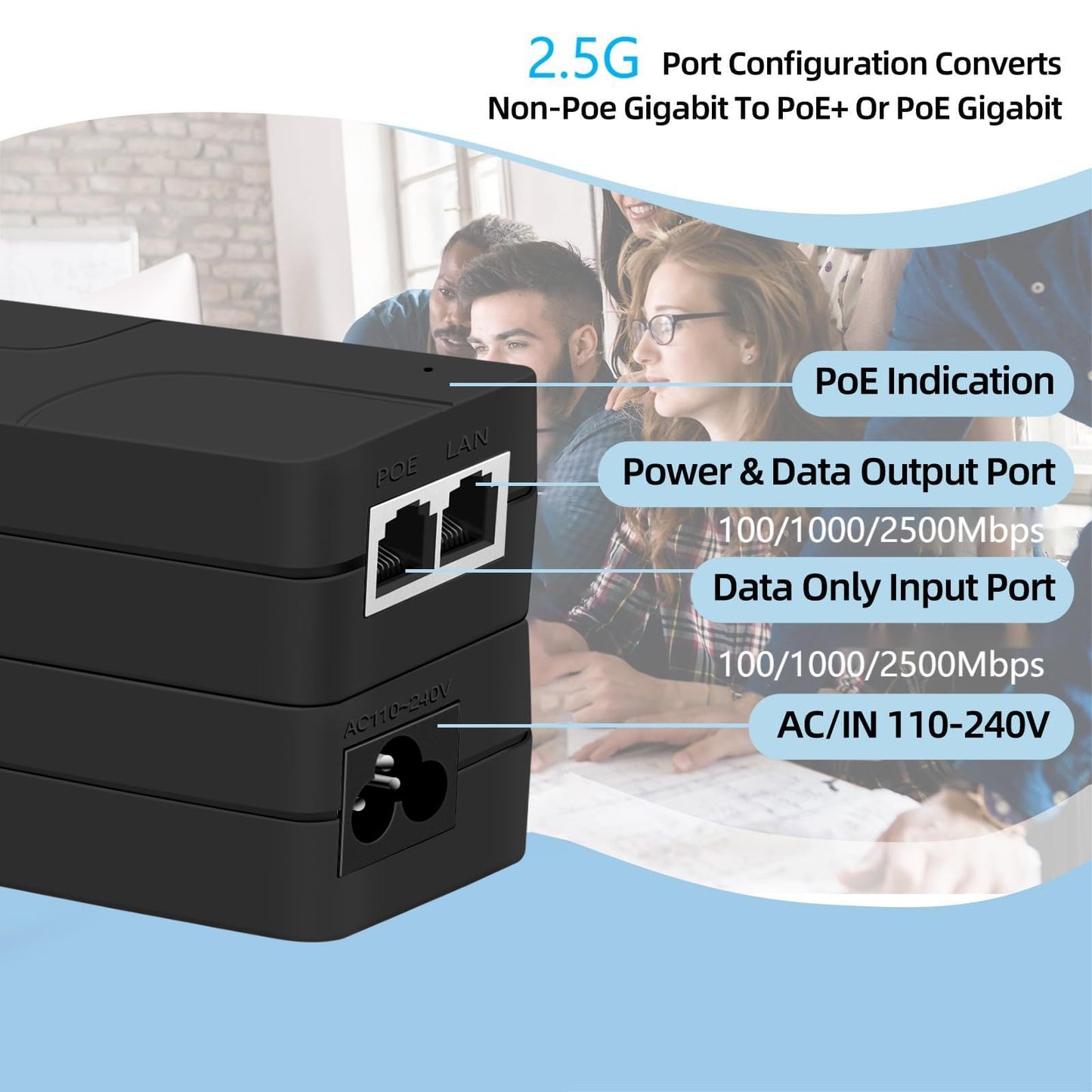 PoE Injector Up to 30w Power Supply, 2.5 Gigabit PoE Adapter for IP Cameras and VoIP Phones Network Distance Up to 328 ft. PoE Power Supply IEEE