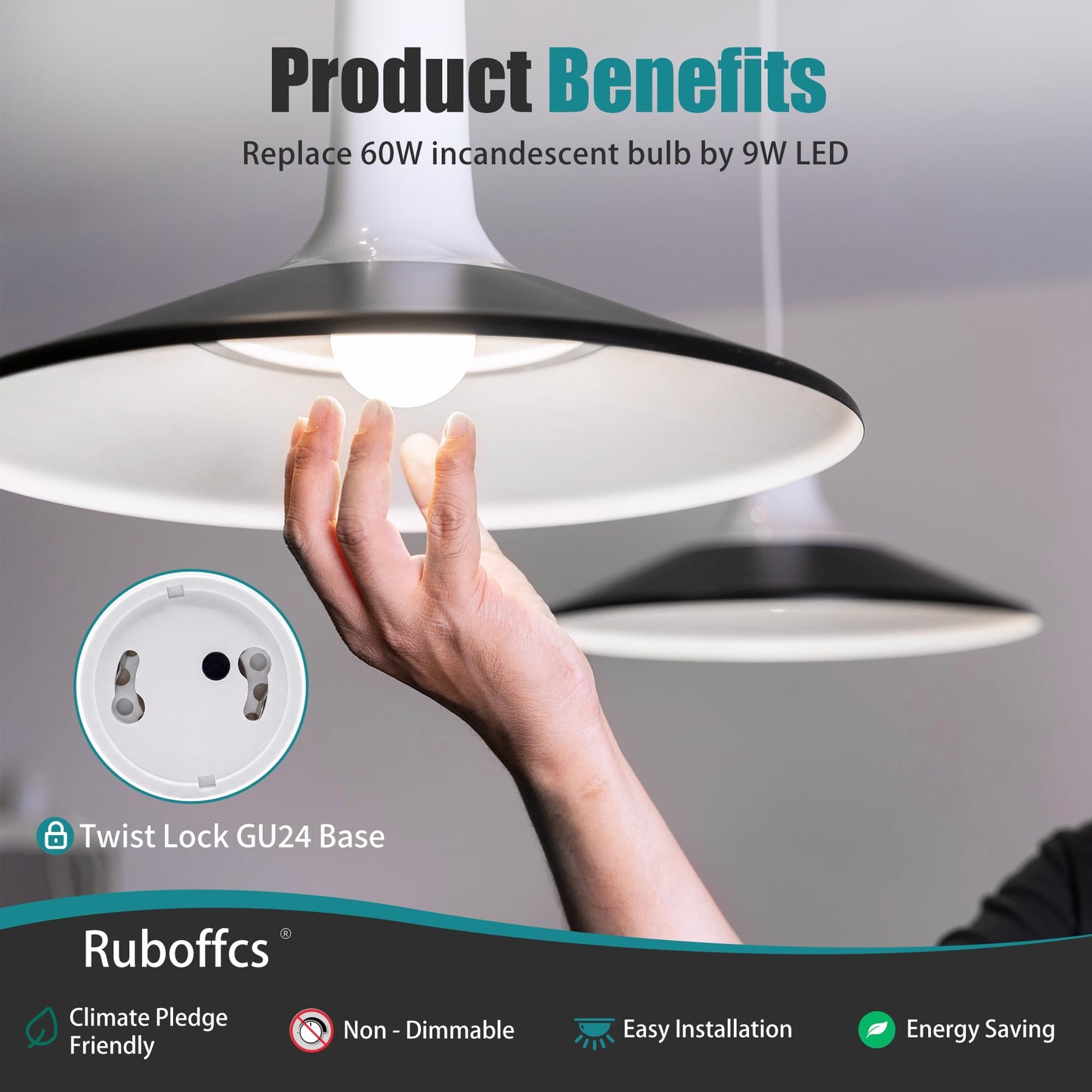 Ruboffcs GU24 LED Light Bulb,Daylight 5000K,Efficient 9W,24 Packs