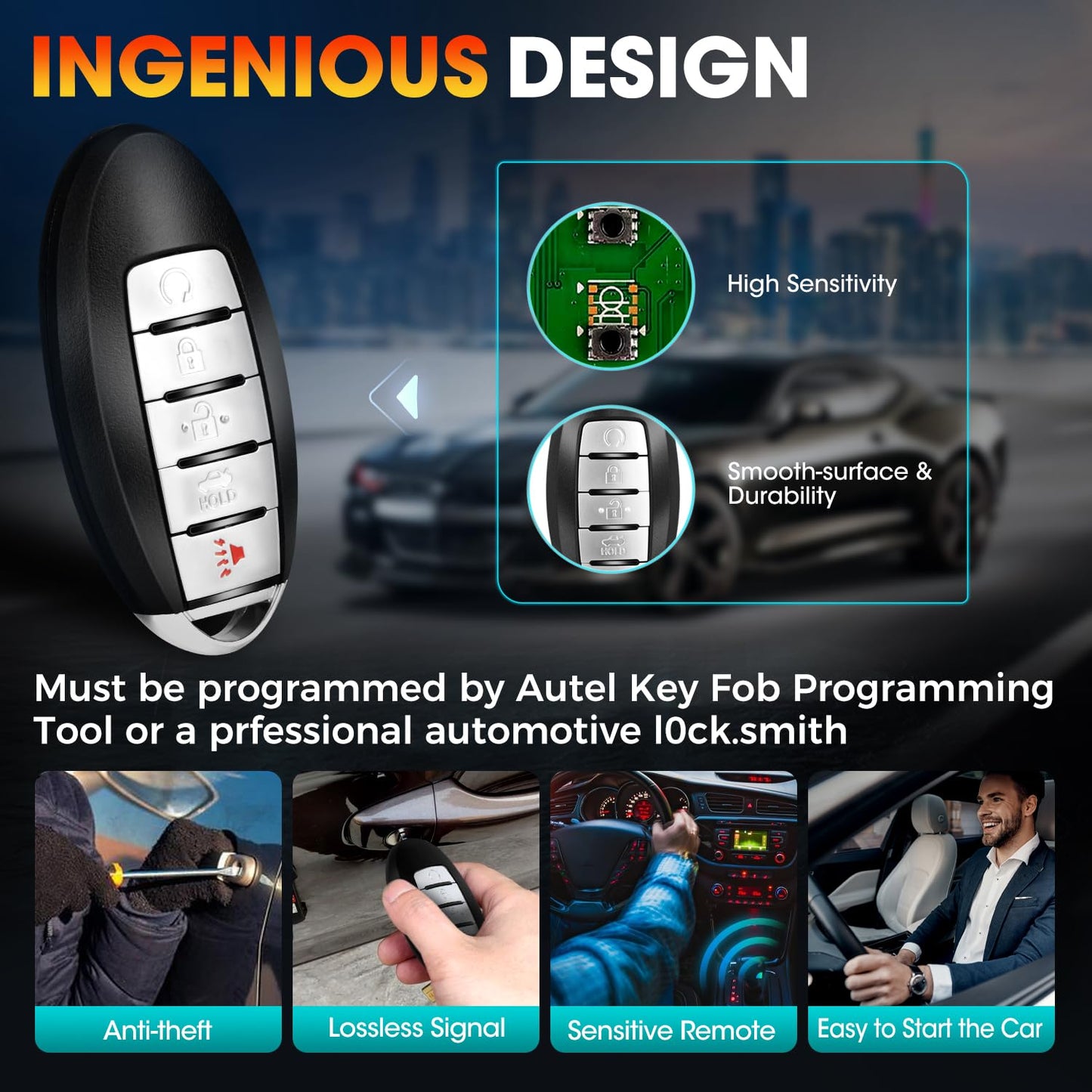 Autel MaxiIM IKEY Programmable Car Key, IKEYNS005AL Key Fob Replacement for Nissan, 5 Buttons Blank Key Work with Autel KM100(X) IM508S IM608S II
