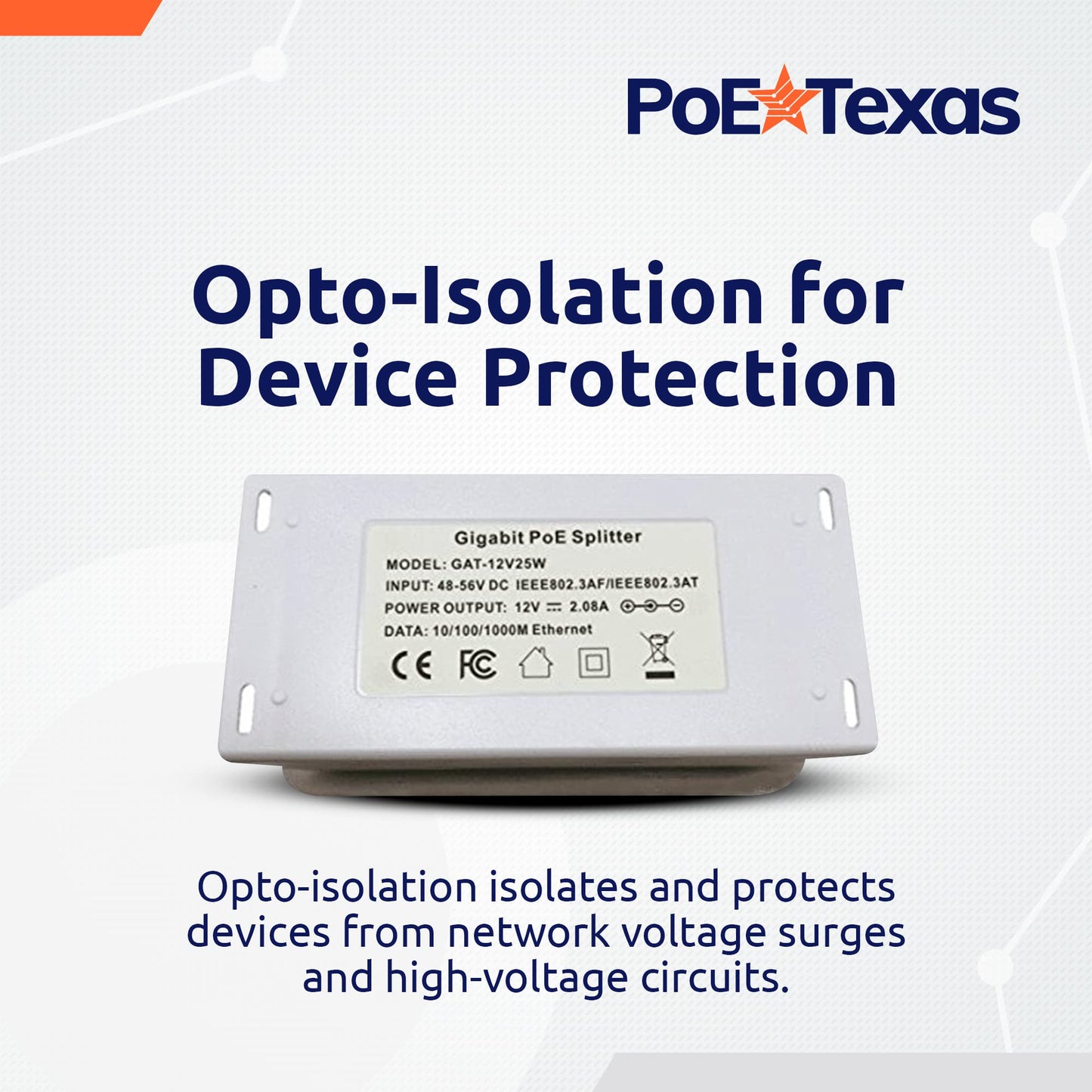 PoE Texas 12 Volt PoE+ - IEEE 802.3at - Splitter Splits Power Over Ethernet to 12v DC & Gigabit Data with Opto-Isolation Protection for 12v 25w