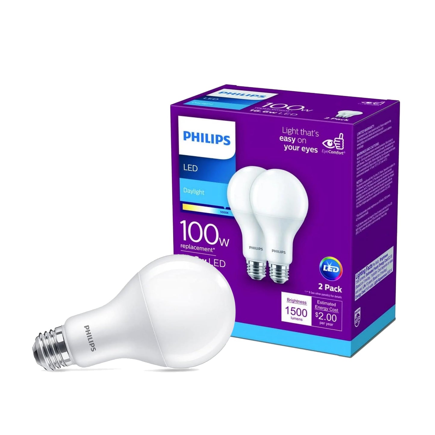 Philips LED Frosted Dimmable A19 Light Bulb - Pack of 2 - EyeComfort Flicker Free - 16W = 100W - 1600 Lumen - Daylight (5000K) - E26 Base - Indoor