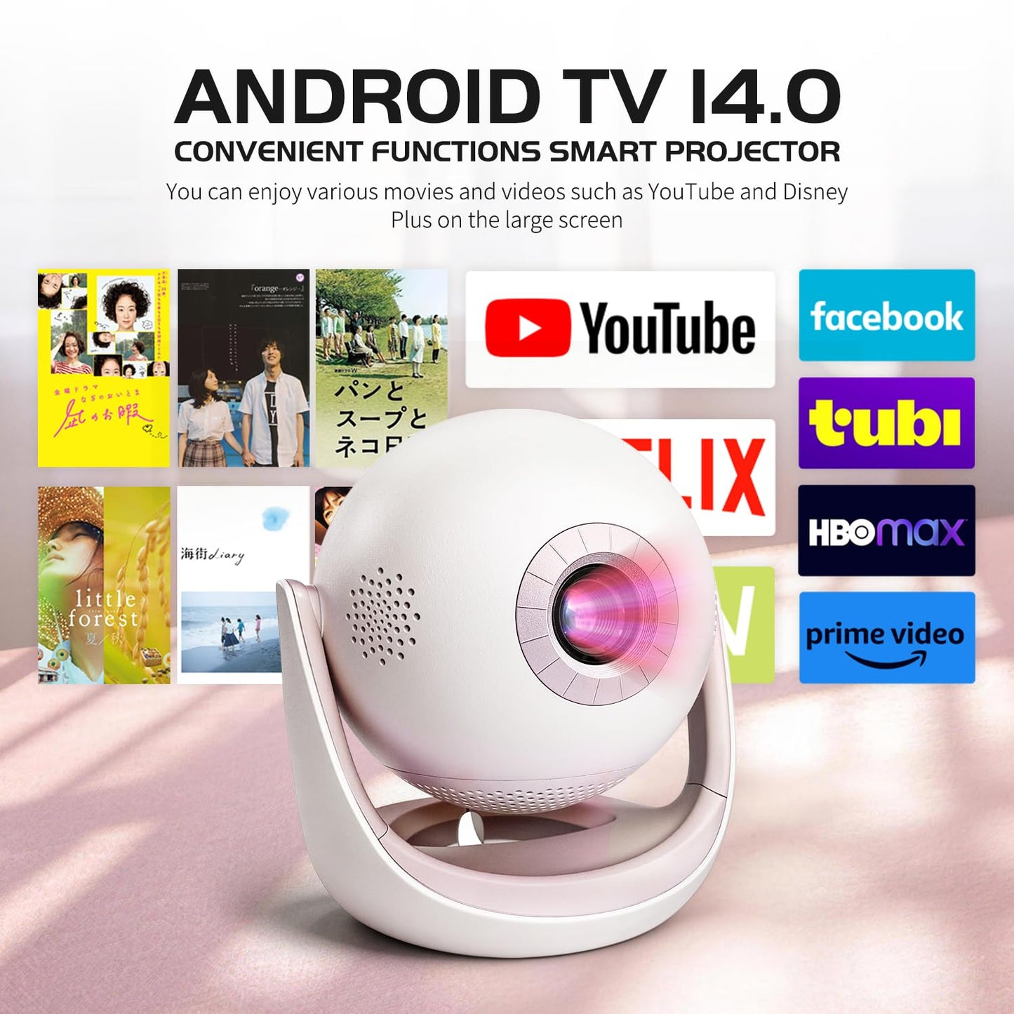 ?2026 Upgrade Version?Smart Portable Projector with WiFi 6 & Android TV, Spherical Movie Projector for Ceiling, 270° Rotating Gimbal Design, Bluetooth