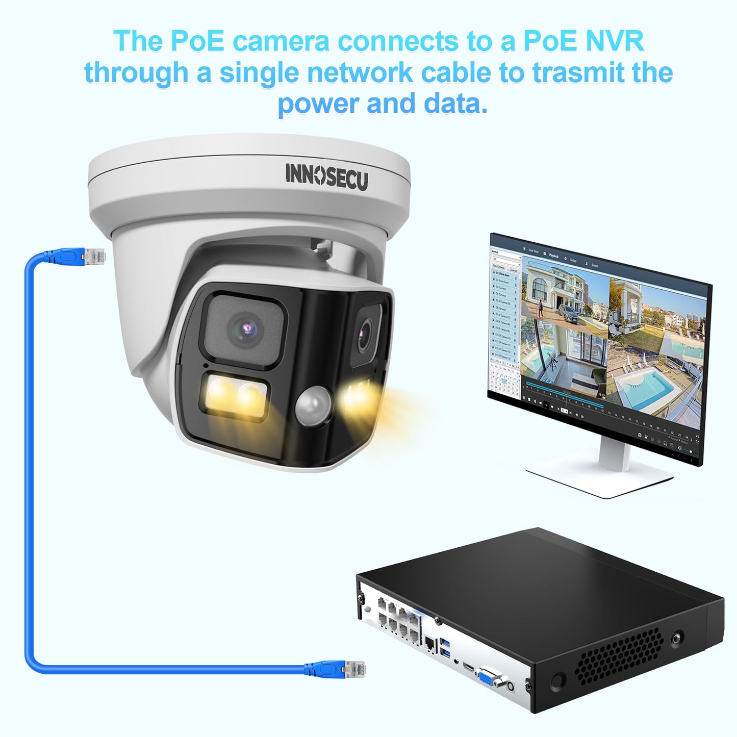 INNOSECU 8MP Dual Lens IP PoE Camera, Outdoor Dome Security Dome Camera with 180° Panoramic View, Waterproof IP67, Light Color Night Vision, Two-Way