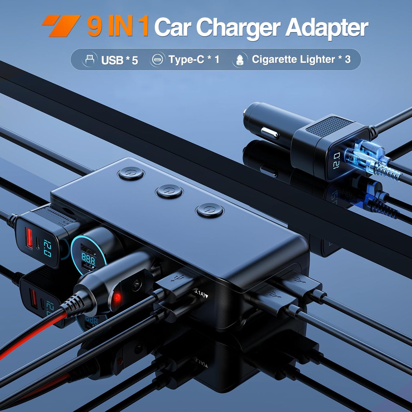 Nilight 9 in 1 Cigarette Lighter Adapter Splitter QC 3.0 3 Sockets 4 USB Ports Power Splitter with PD/QC 3.0 Independent Switches LED Voltage Display