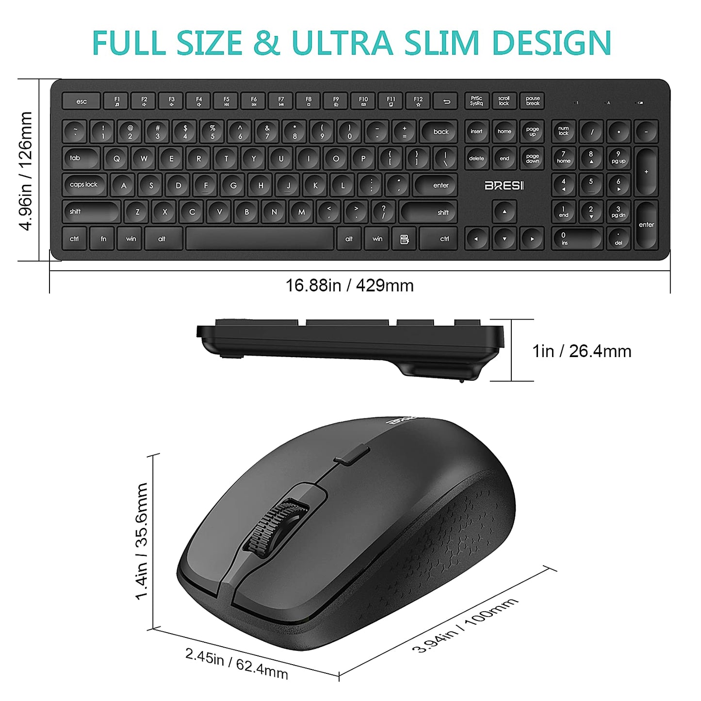 Wireless Keyboard Mouse Combo, BreSii Wireless Keyboard and Mouse Computer Keyboards Mouse Full-size Silent Slim 2.4GHz USB For kids E-Learning PC