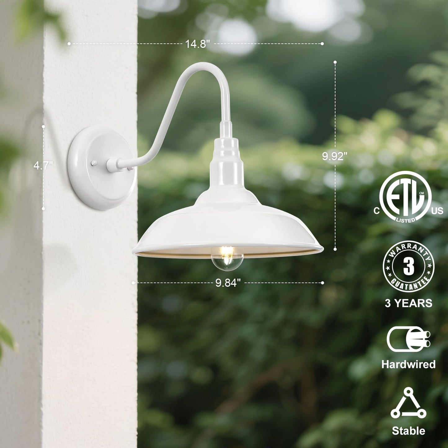 GOALPLUS Outdoor Gooseneck Barn Light Fixture with Wall Mount, 10'' Diameter White Exterior Waterproof Wall Lantern for Porch, Farmhouse Wall Sconce
