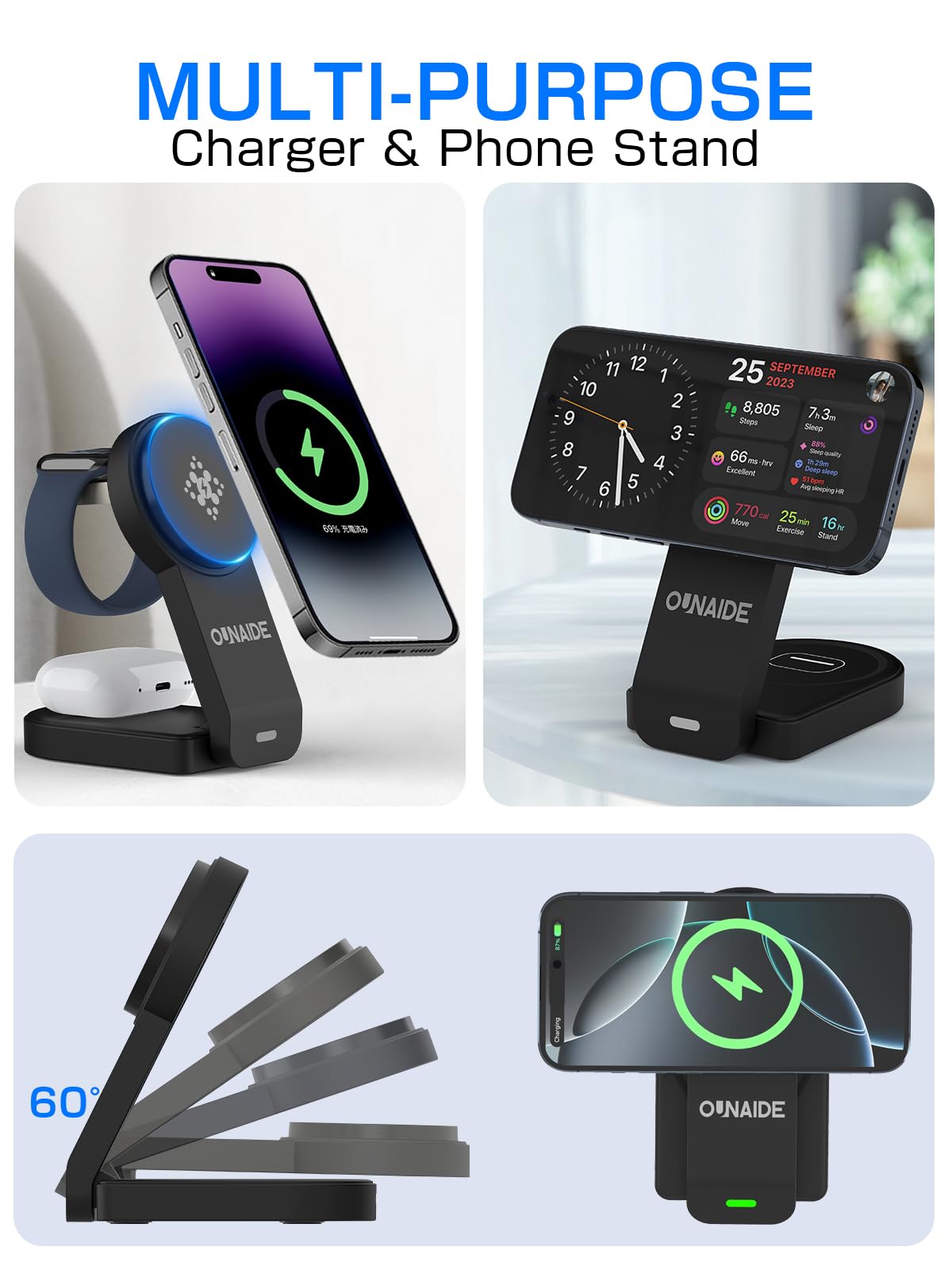 2025 Magnetic 3 in 1 Wireless Charger, Mag-safe Charger Stand Wireless Charging Station for Apple iPhone 16/15/14/13/12 series, for Apple Watch