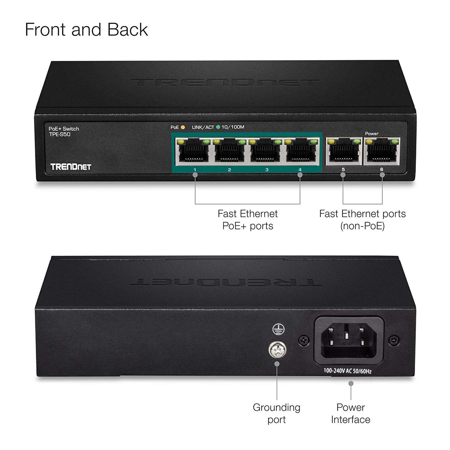 TRENDnet 6-Port Fast Ethernet PoE+ Switch, TPE-S50, NDAA Compliant, 60W PoE Budget, 1.2 Gbps Switch Capacity, Metal, Black, Lifetime Protection