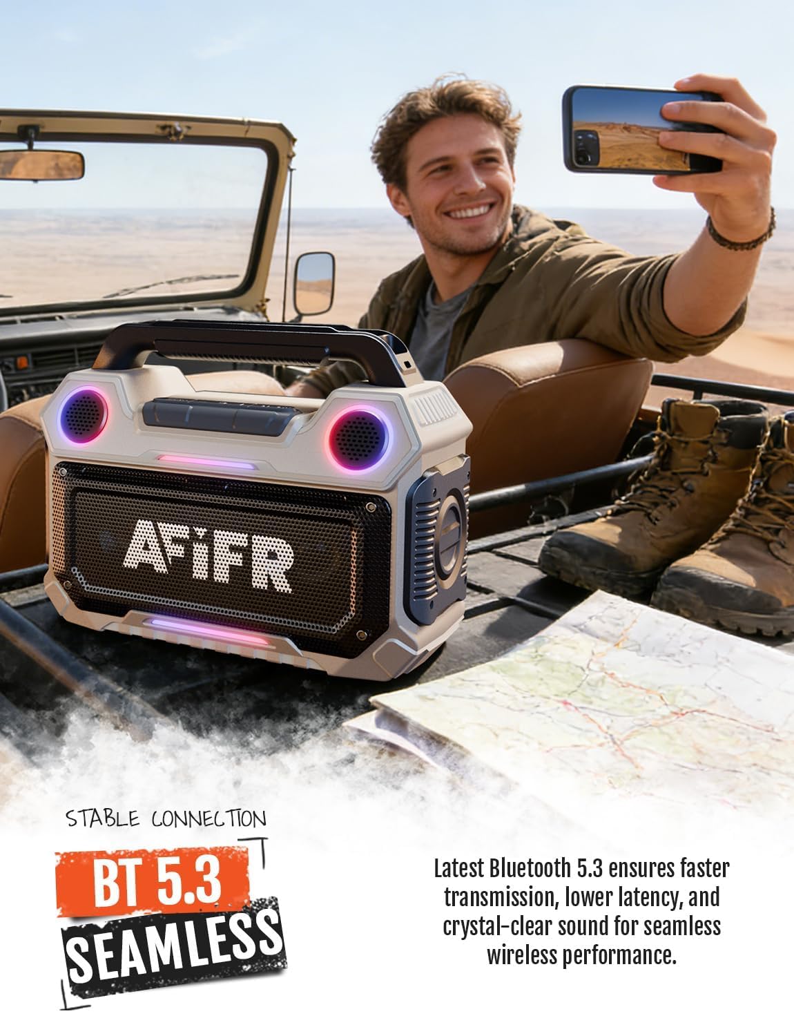AFIFR Outdoor Bluetooth Speaker, 160W Loud Bass! Rugged, IP67 Waterproof, 24H Playtime with Lights, Wireless TWS Pairing Portable Speakers for Party