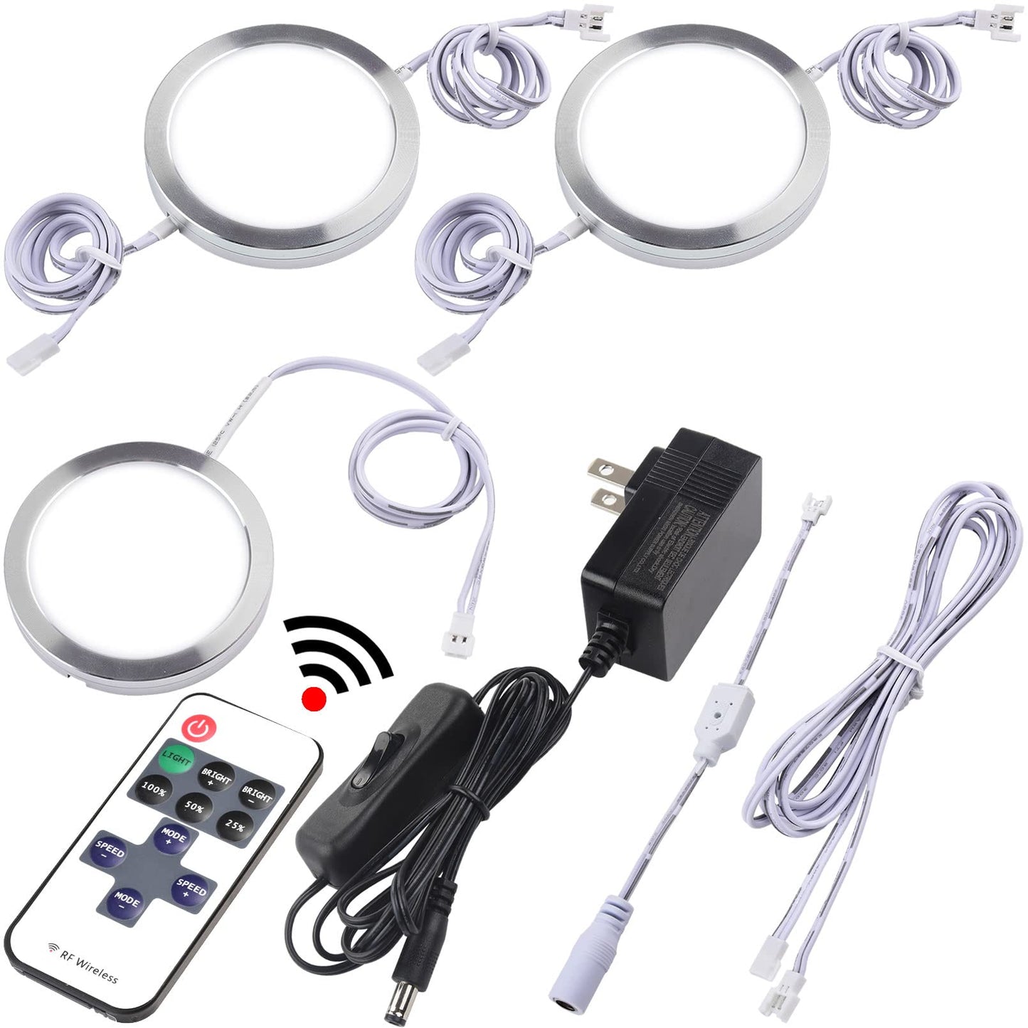 Lvyinyin Under Counter Lights, Curio Cabinet LED Puck Lighting, 110V Wall Plugged in, Wireless RF Remote Control Dimmable, Daisy Chained Linkable, Dia