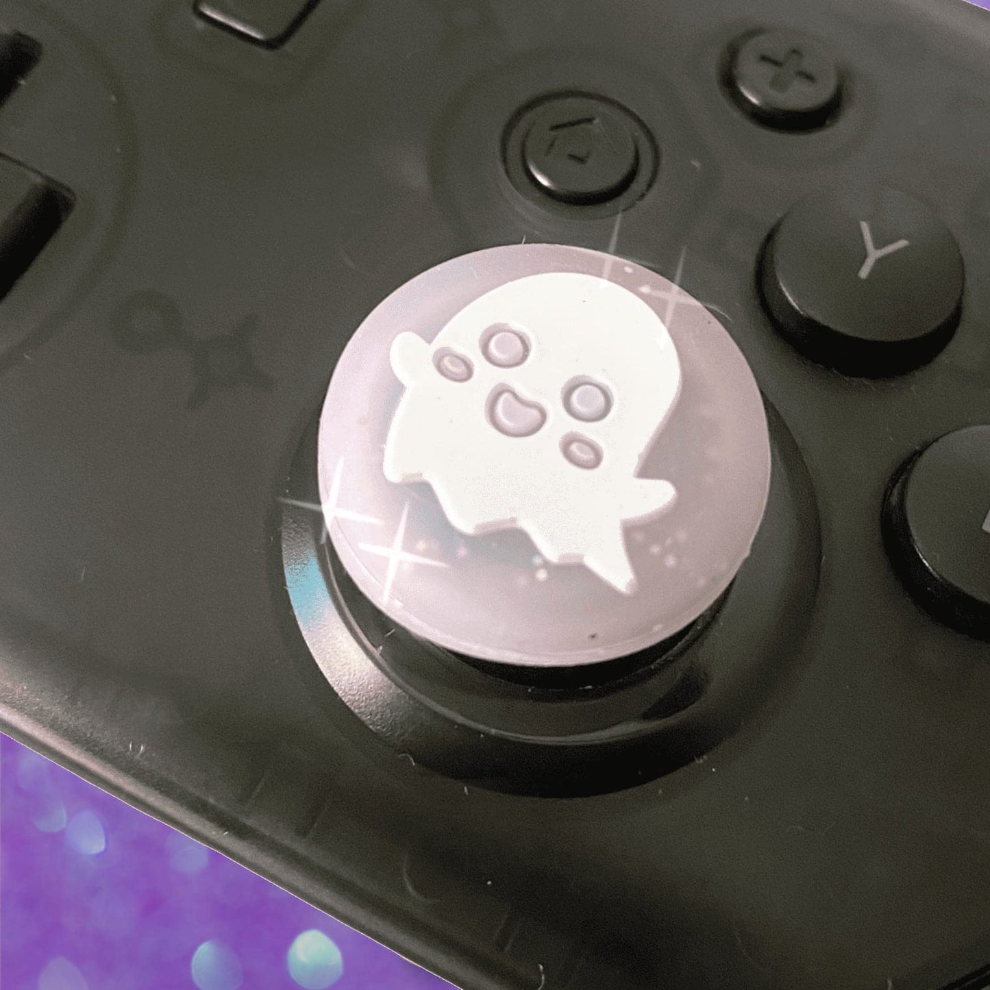 BelugaDesign Ghost Thumb Grips | Big Glitter Halloween Gothic Clear Jelly Joystick Grip Button Caps | Compatible with Sony Play Station PS5 PS4 X Box