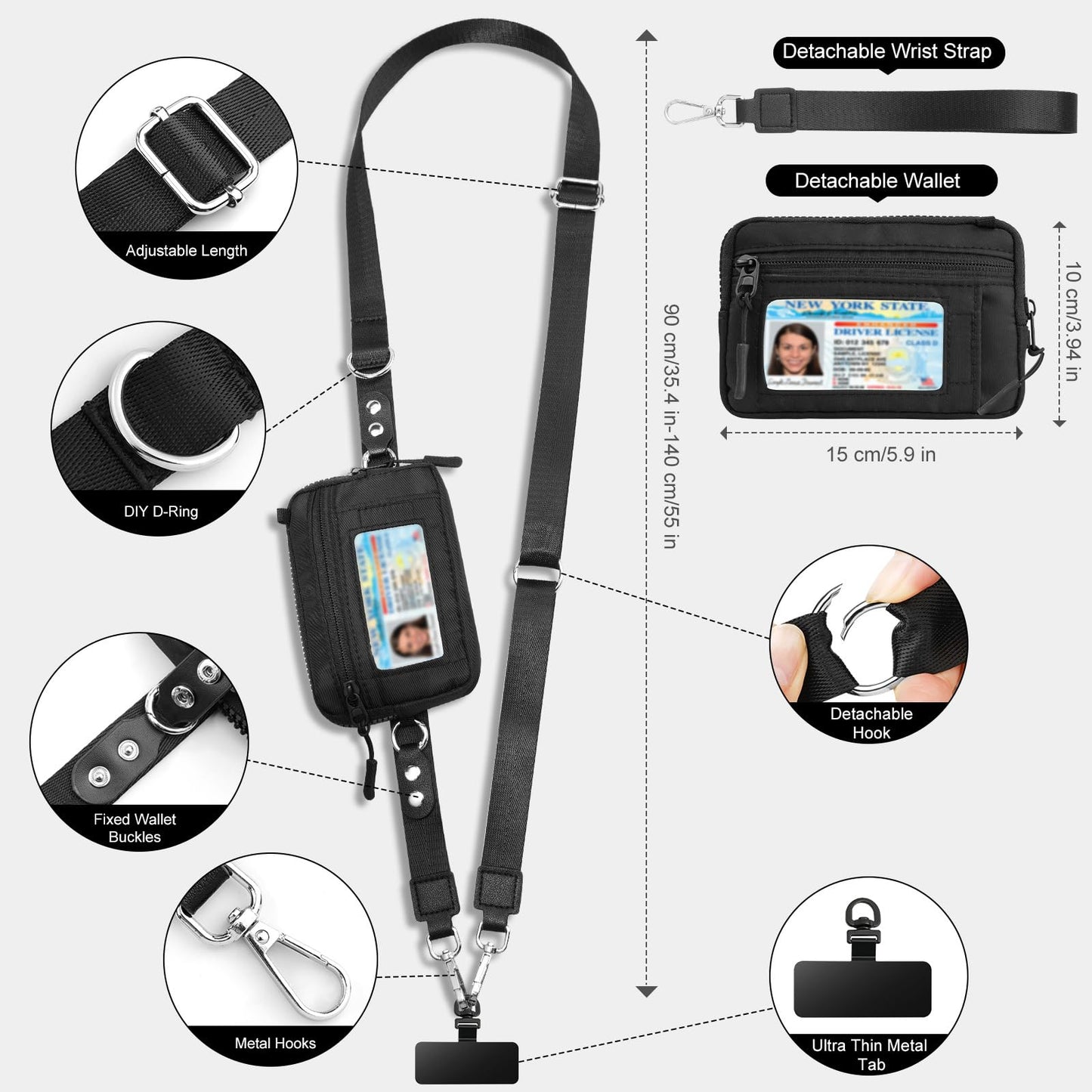 TiMOVO Clip and Go Phone Strap Crossbody with Detachable Wallet, RFID Blocking, Adjustable Anti-Theft Phone Lanyard, Black