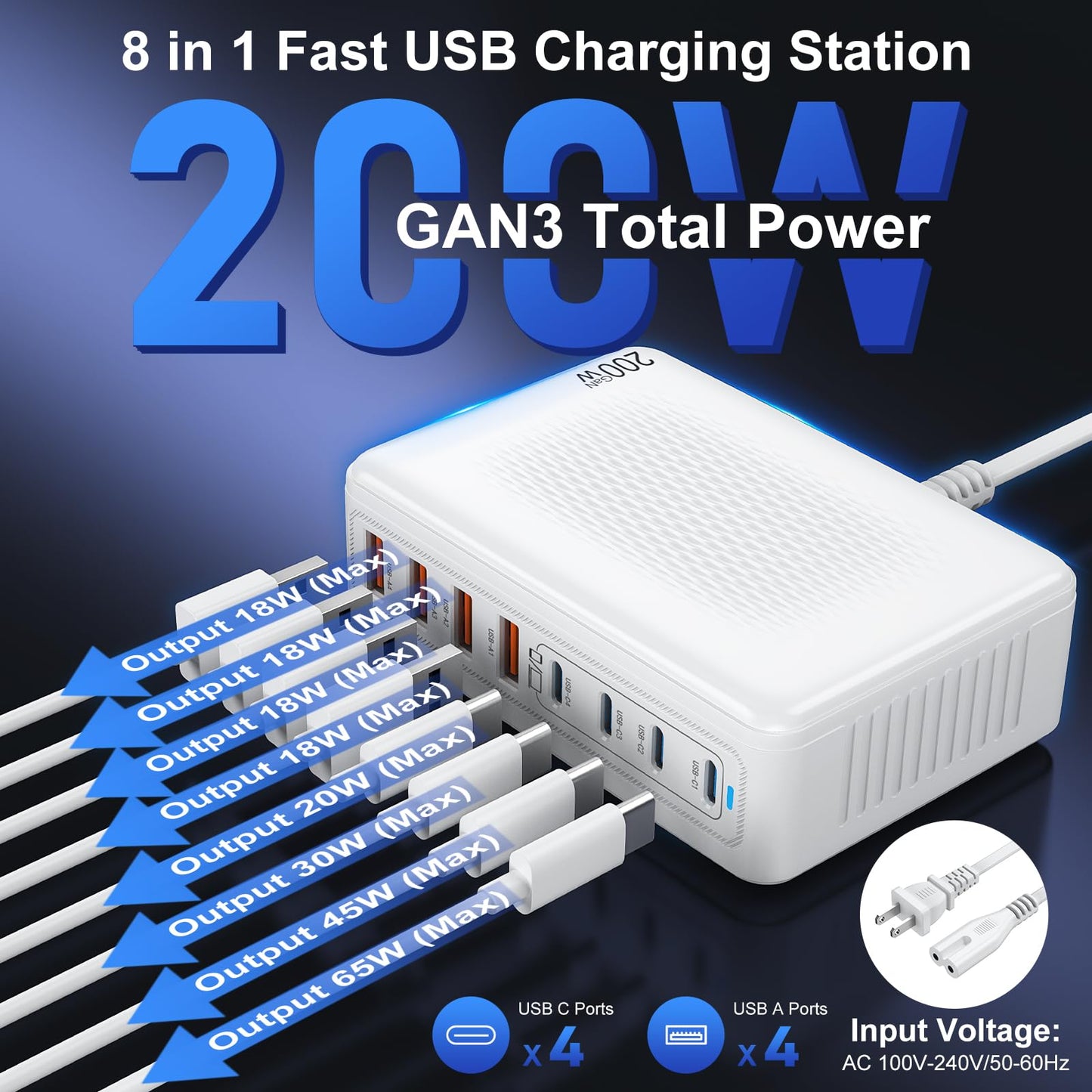 USB C Charger Block 200W Charging Station Hub for Multiple Devices Upgraded GaN III 8-Port PD 65W Fast Laptop Power Adapter for MacBook