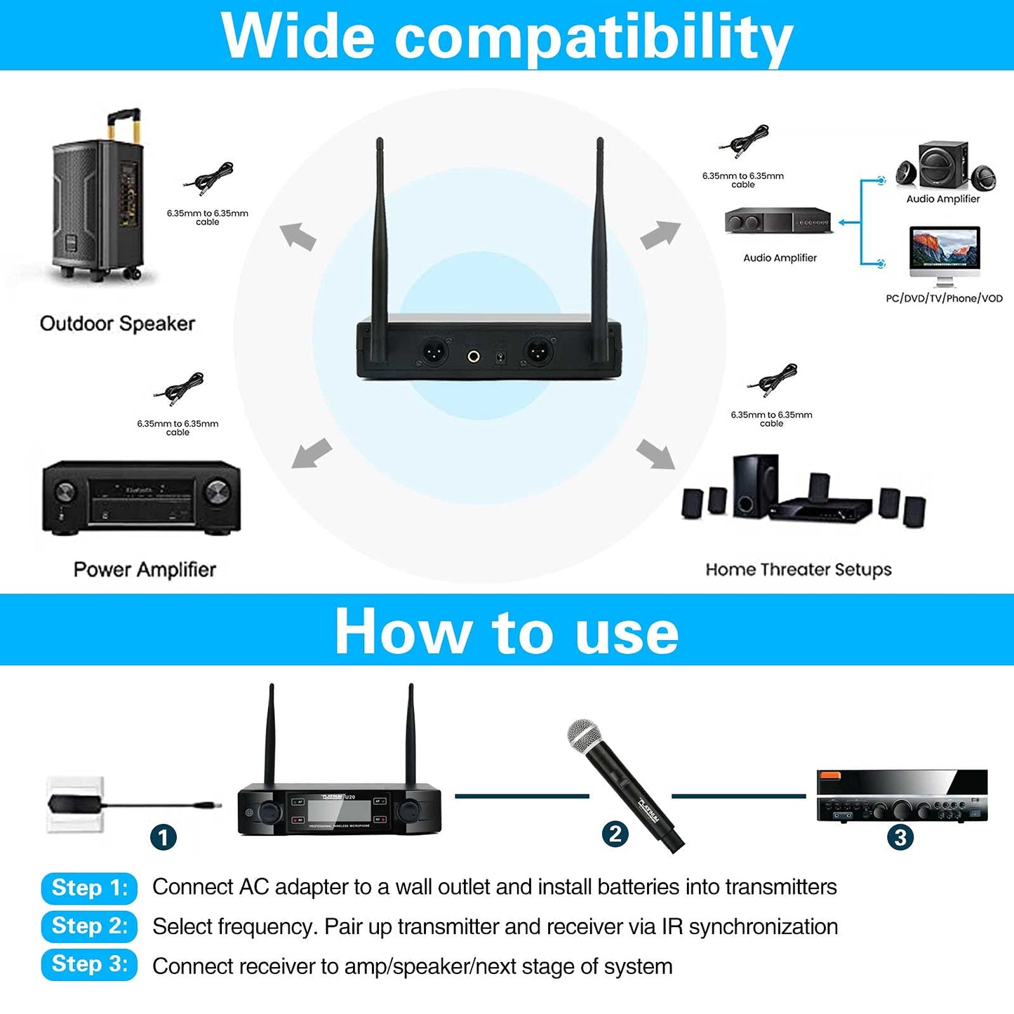 The Platinum UHF Wireless Microphone System, 200FT UHF Range Metal Professional Dual Channel Handheld Dynamic Mic System with Professional Karaoke