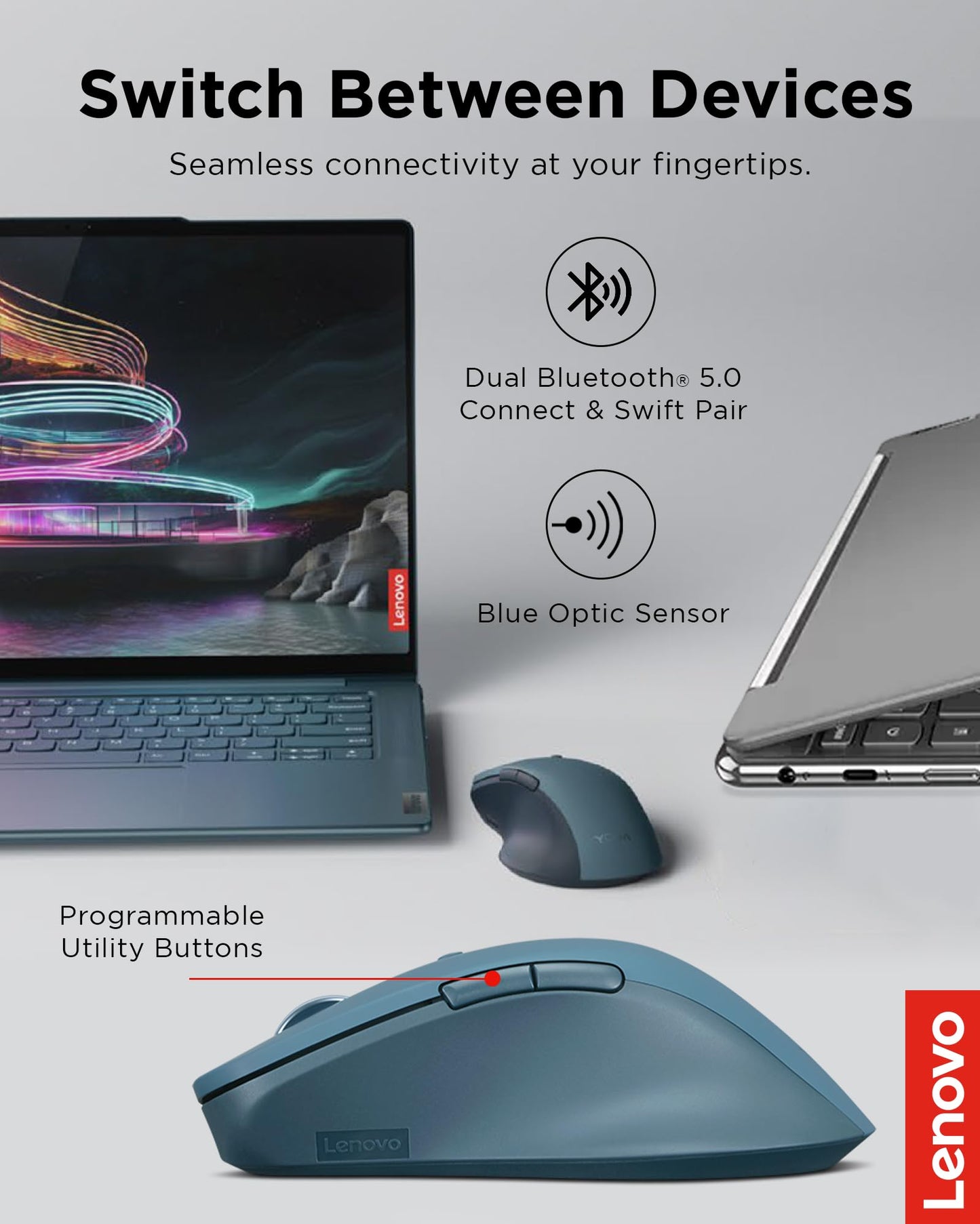 Lenovo Yoga Pro Mouse, Bluetooth, USB-C Rechargable, Dual Mode Bluetooth, 6 Button, Right Handed Design, Ergonomic Design, Programmable Buttons, 2-Way