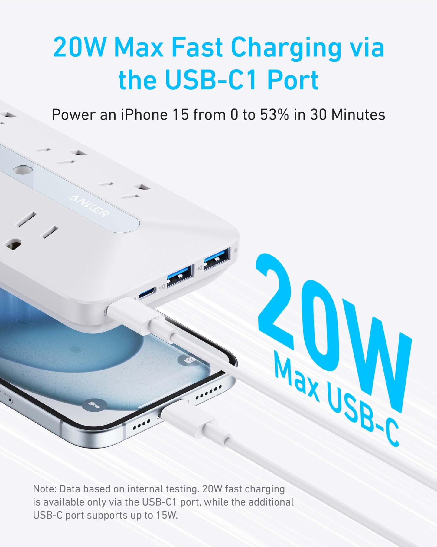 Anker Outlet Extender, Power Strip with 300J Surge Protector, 10-in-1 with 6 AC, 2 USB A, 2 USB C Ports, Wide-Spaces Outlets and 20W Fast Charging