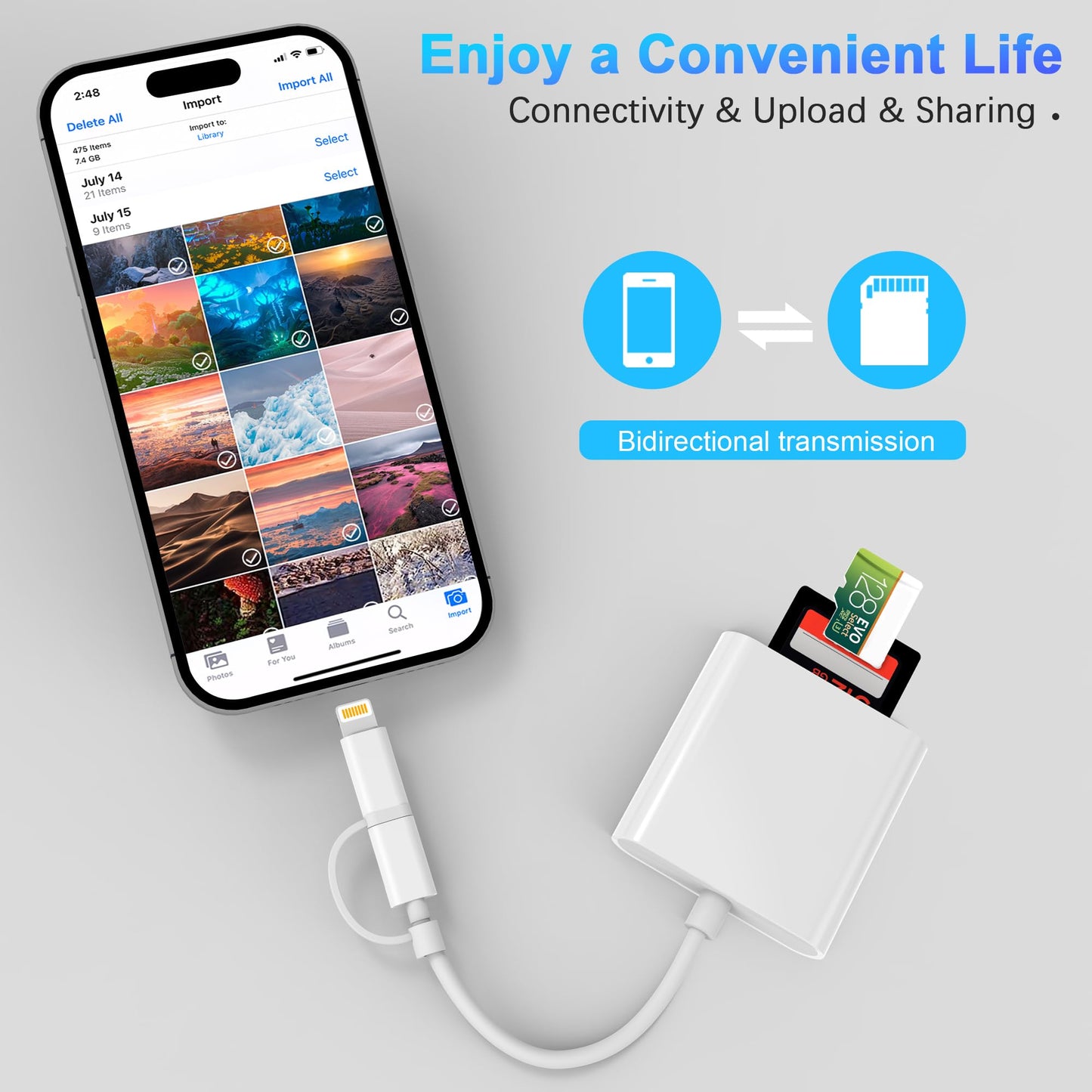 SD Card Reader for iPhone iPad, Dual USB-C & Lightning Connector Memory SD Card Adapter, Support SD/MicroSD Cards, High-Speed Trail Camera Viewer