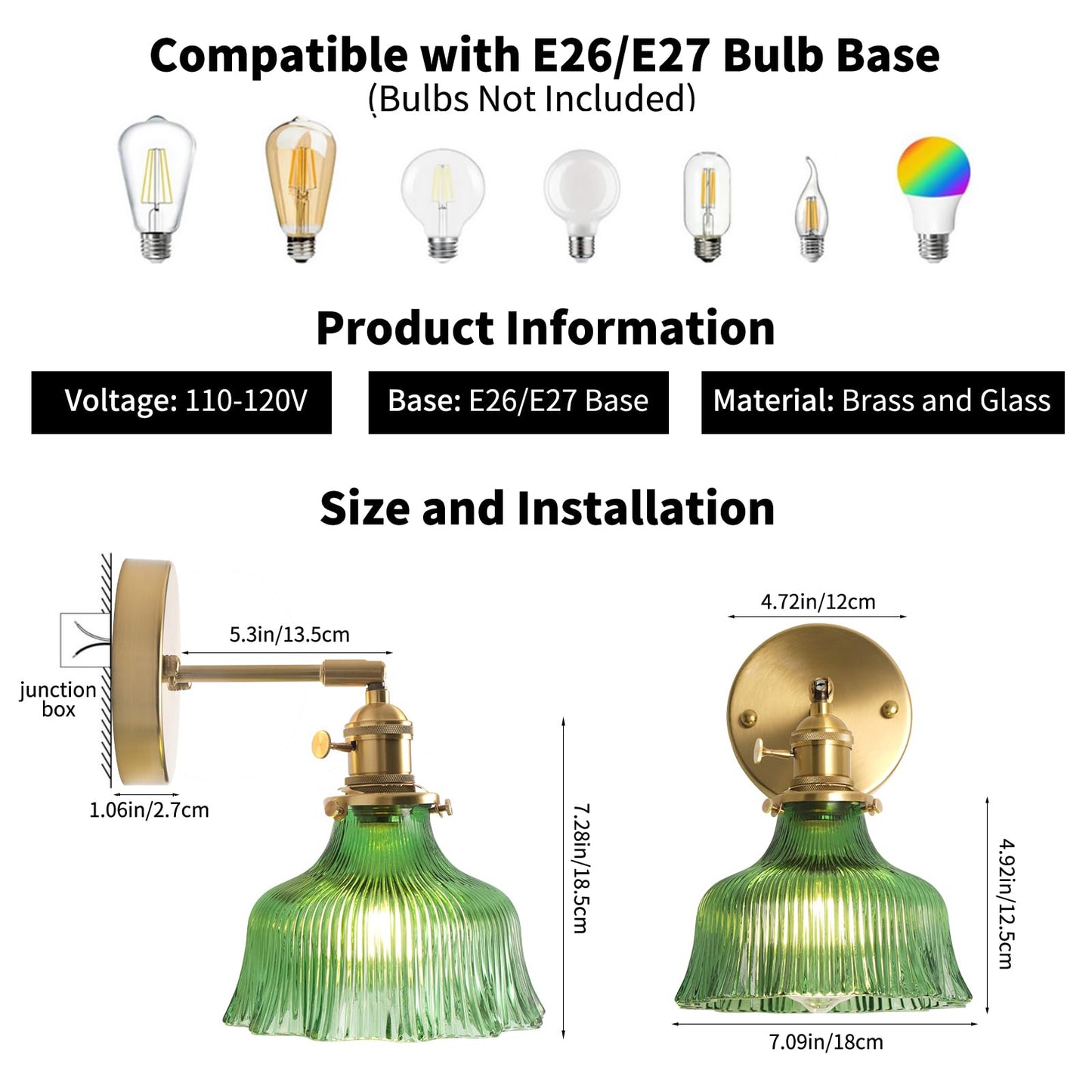 ZtuoYong Wall Sconces, Vintage Wall Lighting Fixture with Switch 180 Degree Adjustable, Glass Modern Wall Lamp for Bedroom Bathroom Doorway Living