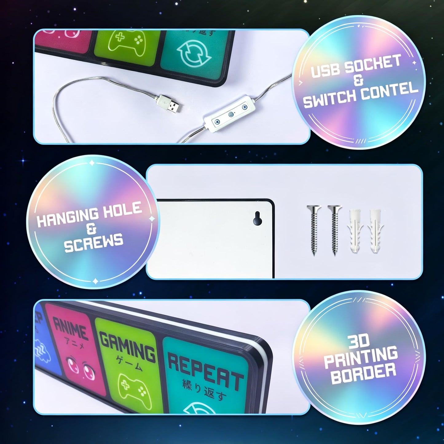 Tokeneon Eat Sleep Anime Gaming Repeat LED Light Sign, Dimmable LED Gaming Room Decor Wall Light, Game Setup Room Sign for Bedroom, Neon Gaming Decor