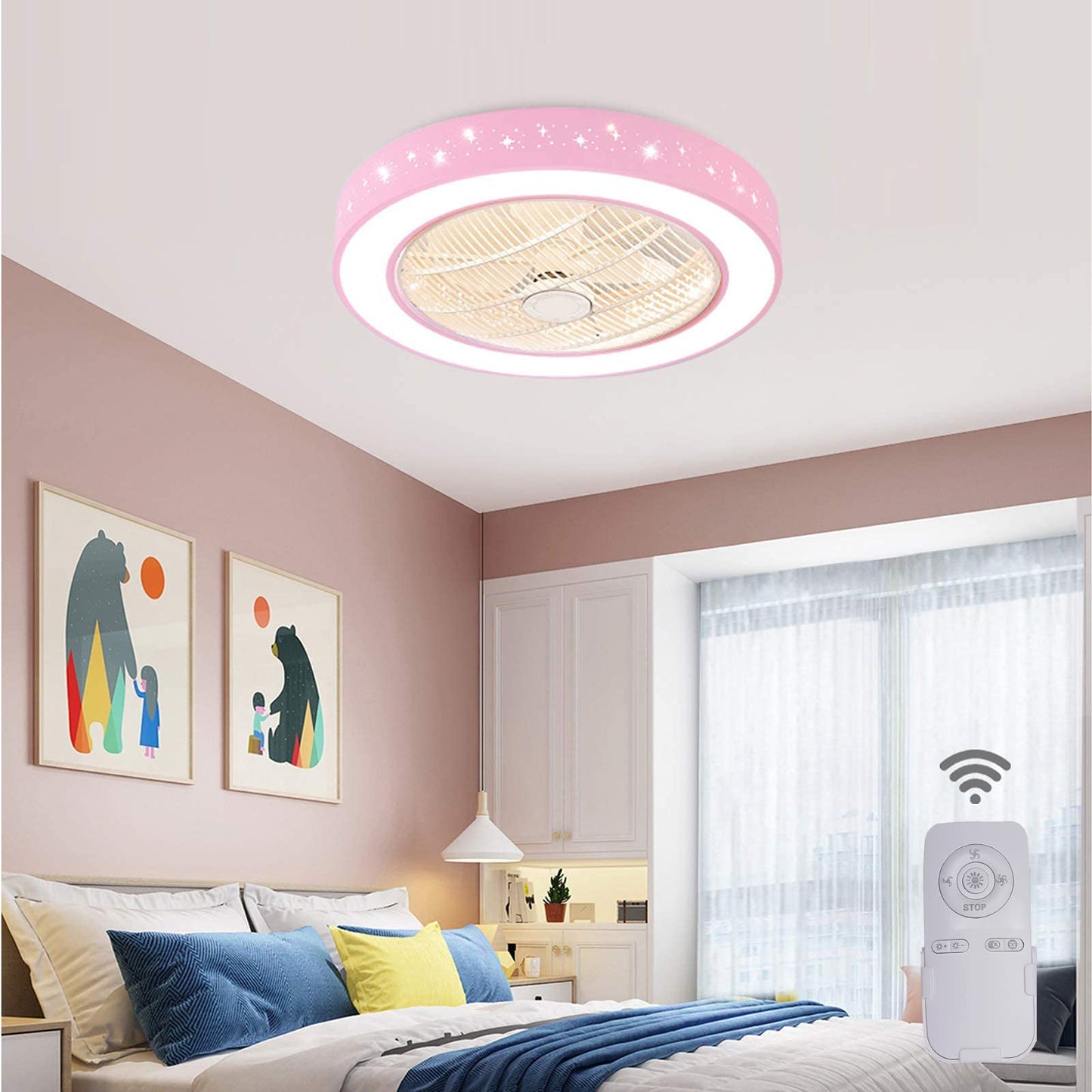 TFCFL 22" Invisible Ceiling Fan with Light, Modern Round Semi Flush Mount Chandelier Fan Drum Shaped Star Pattern with Controller Tri-Color 3 Speed