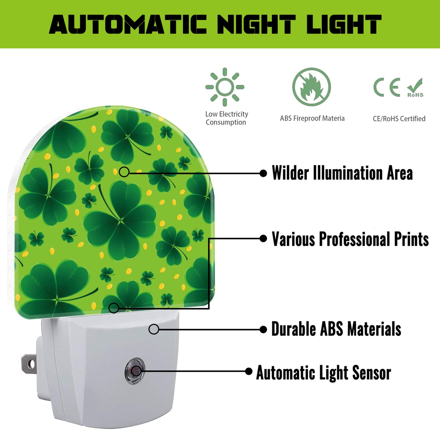 VURQLHE Saint Patricks Day Clover Night Light for Kids,St. Patrick's Day Shamrock Plug in Night Light with Dusk to Dawn Sensor, 0.5w Energy Saving