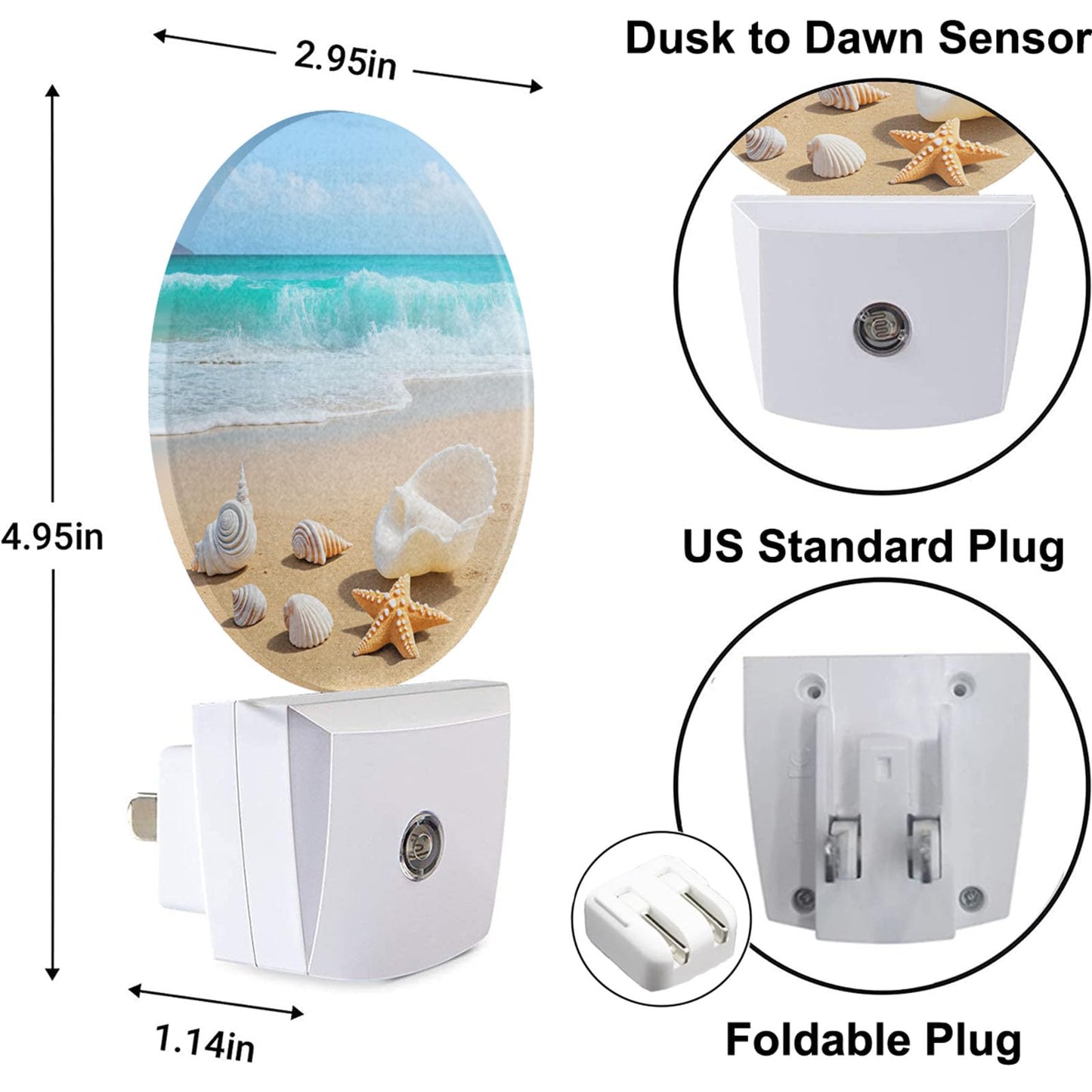 Uanvaha Seashell Nightlight Summer Beach Coral Starfish Blue Ocean Sea Waves Night Lights Plug into Wall Dusk to Dawn Sensor Round Night Light