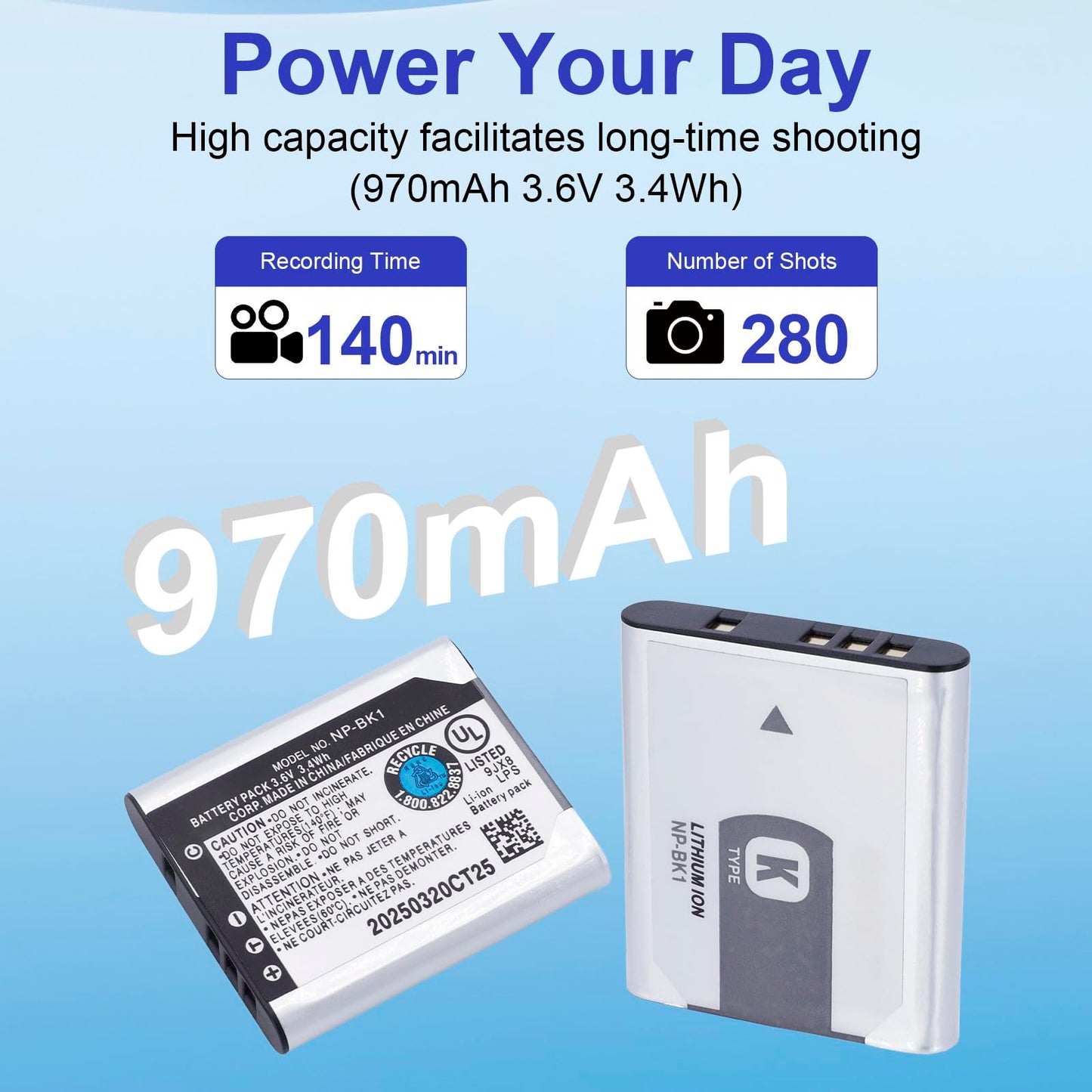 NP-BK1 970mAh Replacement Battery Compatible for Sony Cybershot DSC-W370 DSC-S750 DSC-S780 DSC-S950 DSC-S980 DSC-W190 MHS-CM1 HD MHS-PM1 MHS-PM5