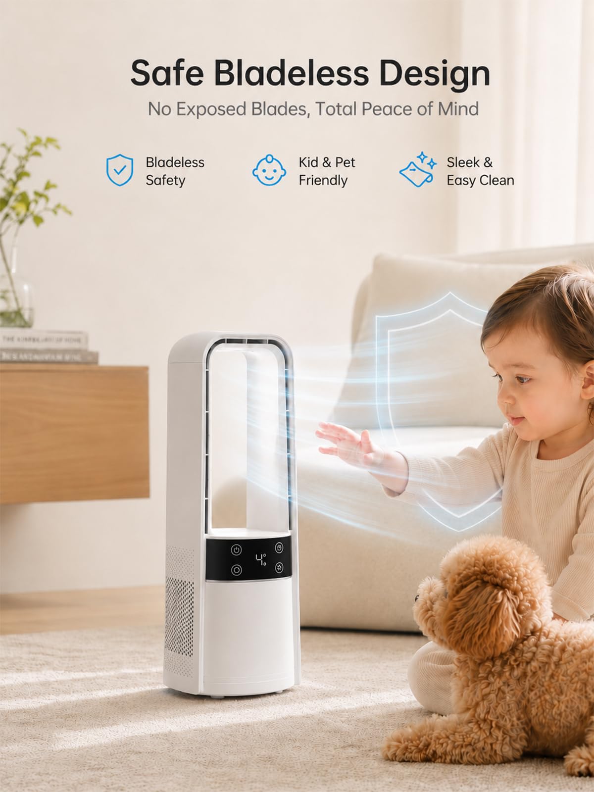 Desk Fan Bladeless, 120° Oscillating Fan Rechargeable, Quiet Fan with Night Light, Smart LED Touch Control, 4 Speed & 9H Timer, Small Table Fan, Auto