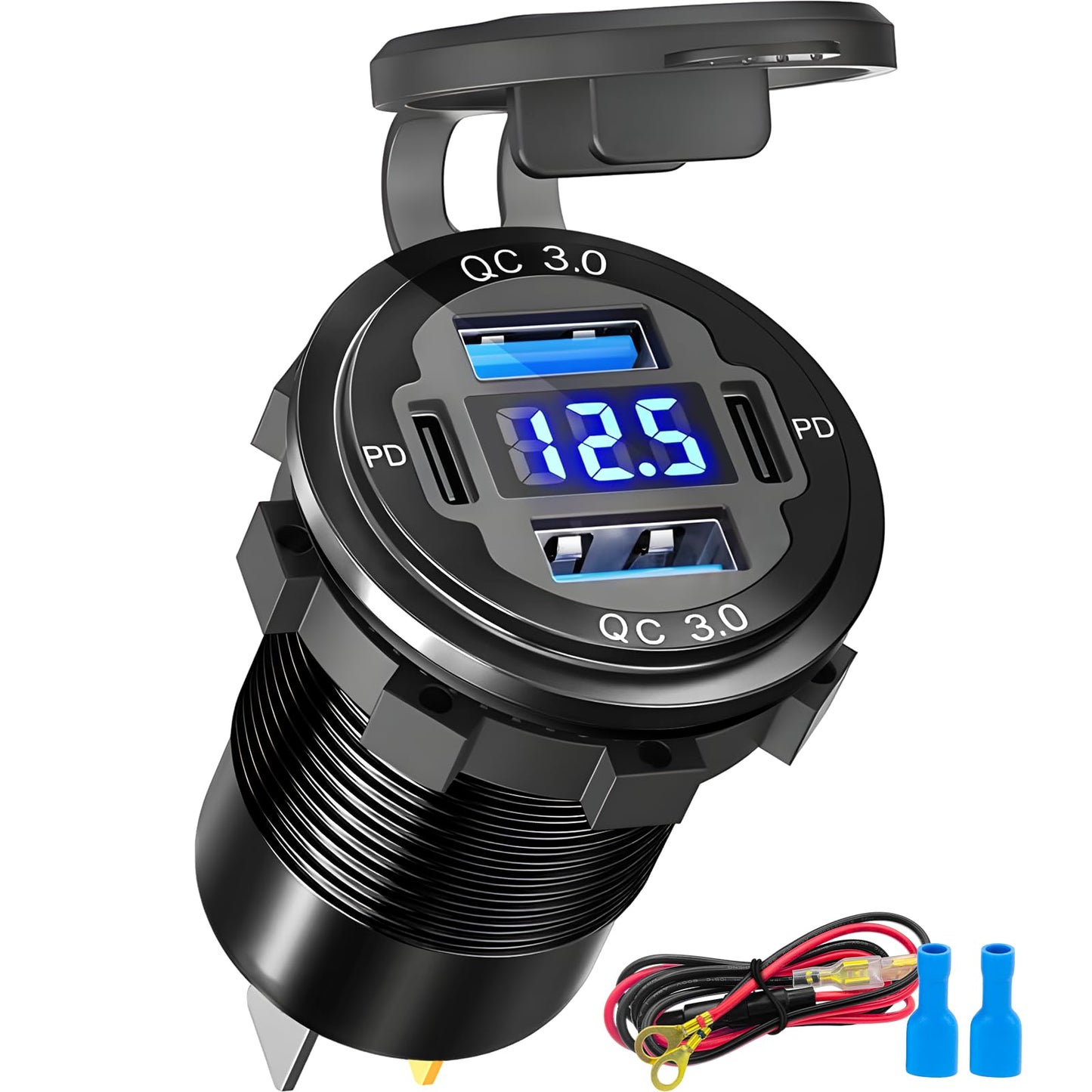 12 Volt USB Charger, 12v USB 4-Port Aluminum Alloy USB C Outlet with LED Voltmeter,Dual PD3.0 & QC3.0 for 12/24V Car Golf Cart Boat Marine Bus Truck