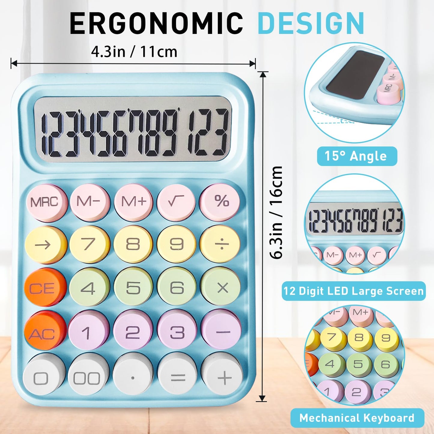 Pink Cute 12 Digit Large LCD Display Big Round Button Calculator - Office Desktop 15Tilt Screen for Kids (Blue)