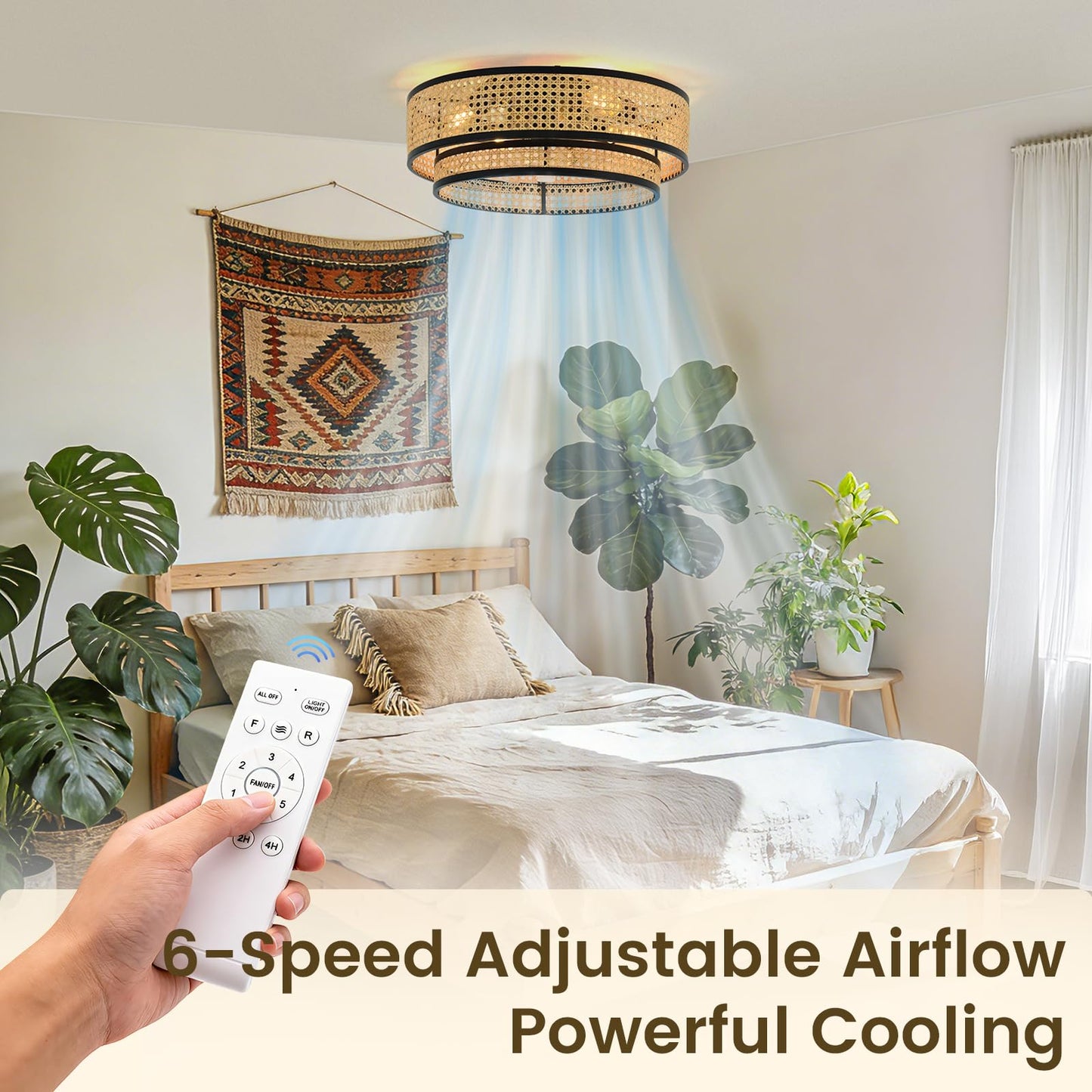 OYYPTDZM 20" Caged Ceiling Fan with Light, Rattan Boho Chandelier Fan