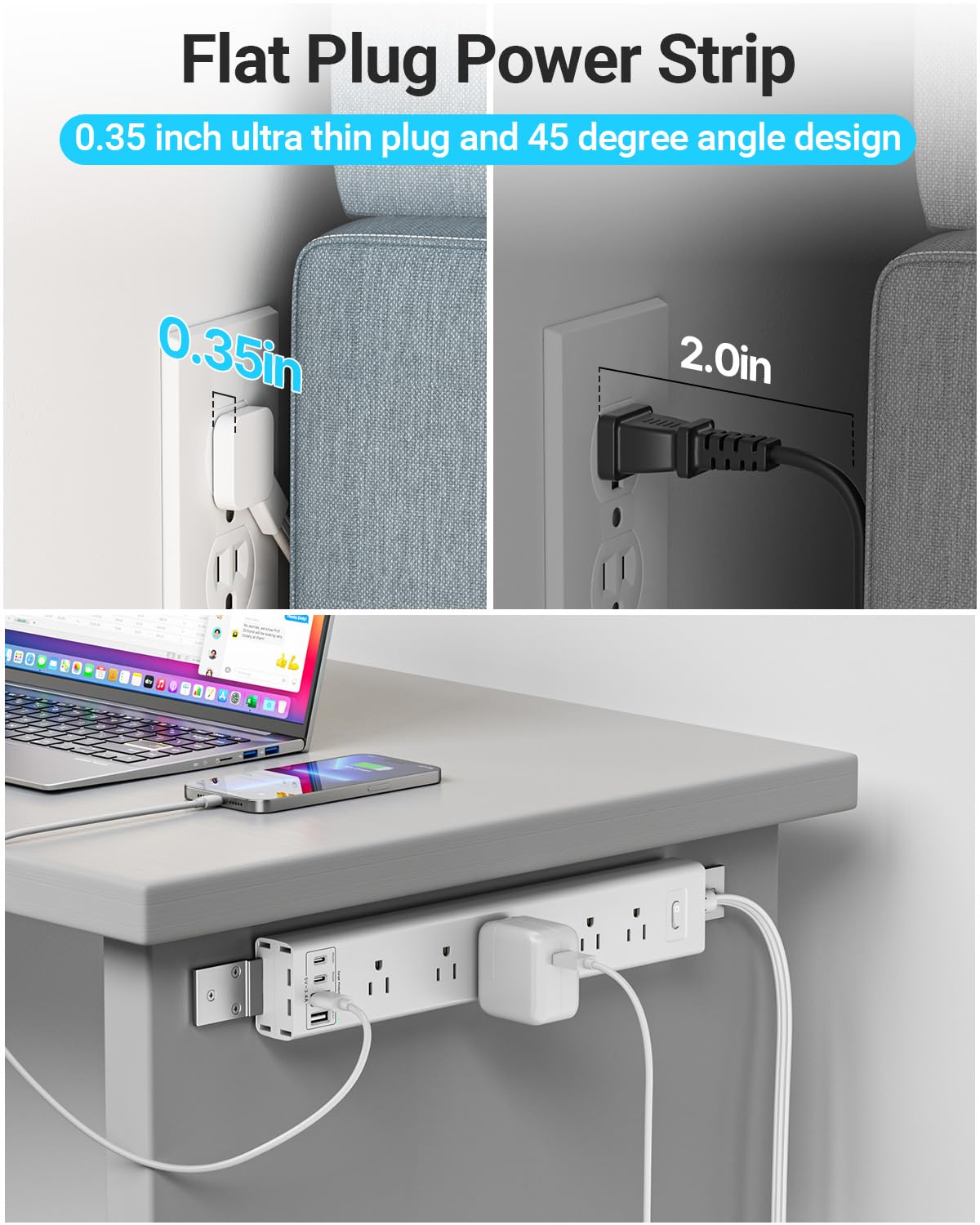 360° Mountable Surge Protector Power Strip with 4 USB Ports (2 USB C), 6 FT Electrical Outlet & Flat Plug Extension Cord for Under Desk, Wall, or