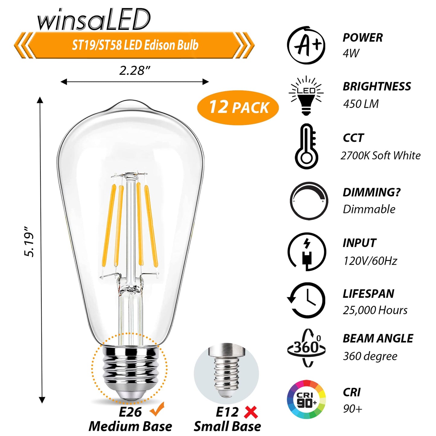 winsaLED 12 Pack Dimmable LED Light Bulbs 40 Watt Equivalent, ST19 Vintage E26 Edison Bulbs, 2700K Soft Warm White 4W LED Bulbs, Antique Filament