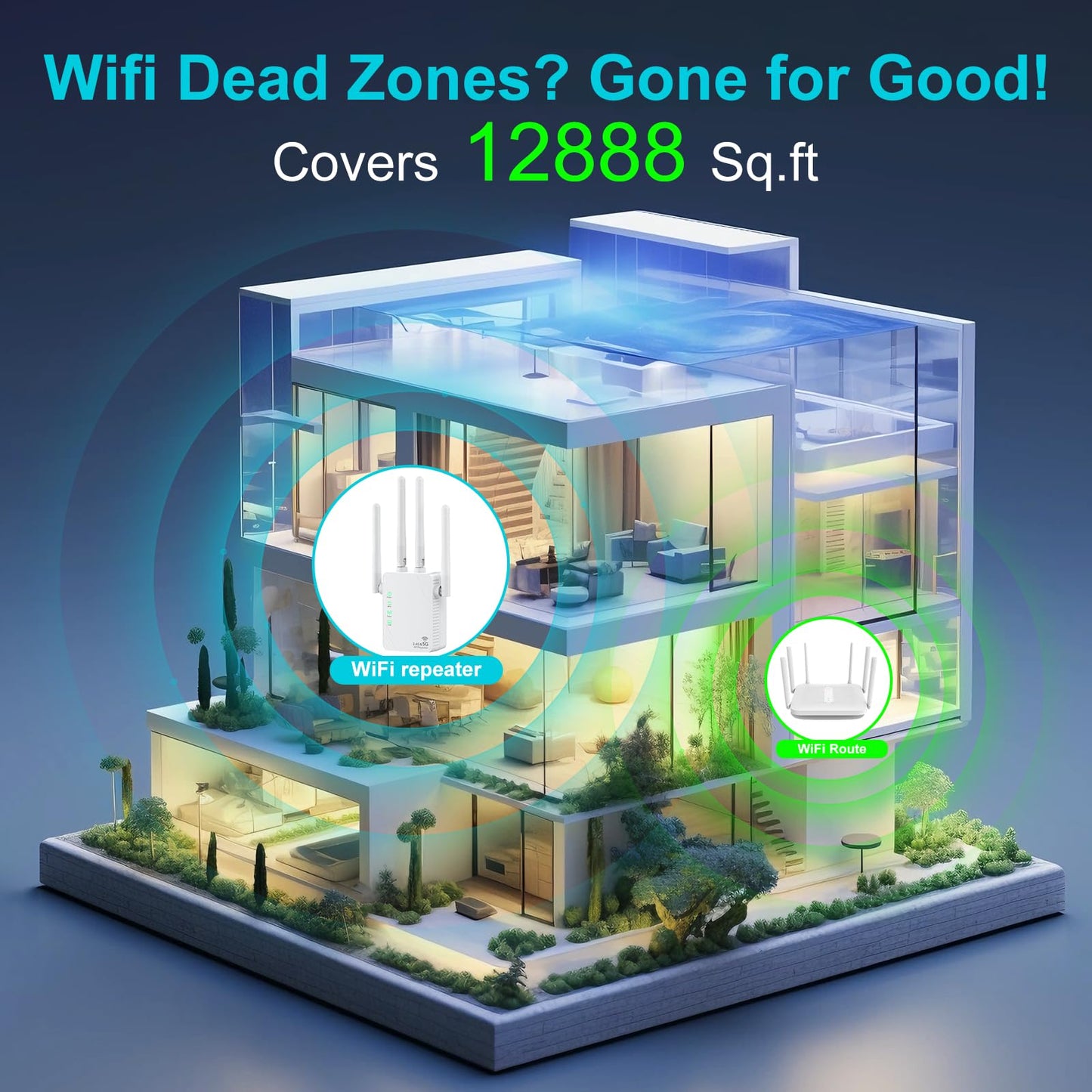 WiFi Extender Signal Booster for Home, Dual Band 1200Mbps Internet Extender WiFi Booster Up to 12888 Sq.ft Coverage and 105 Devices, WiFi Repeater