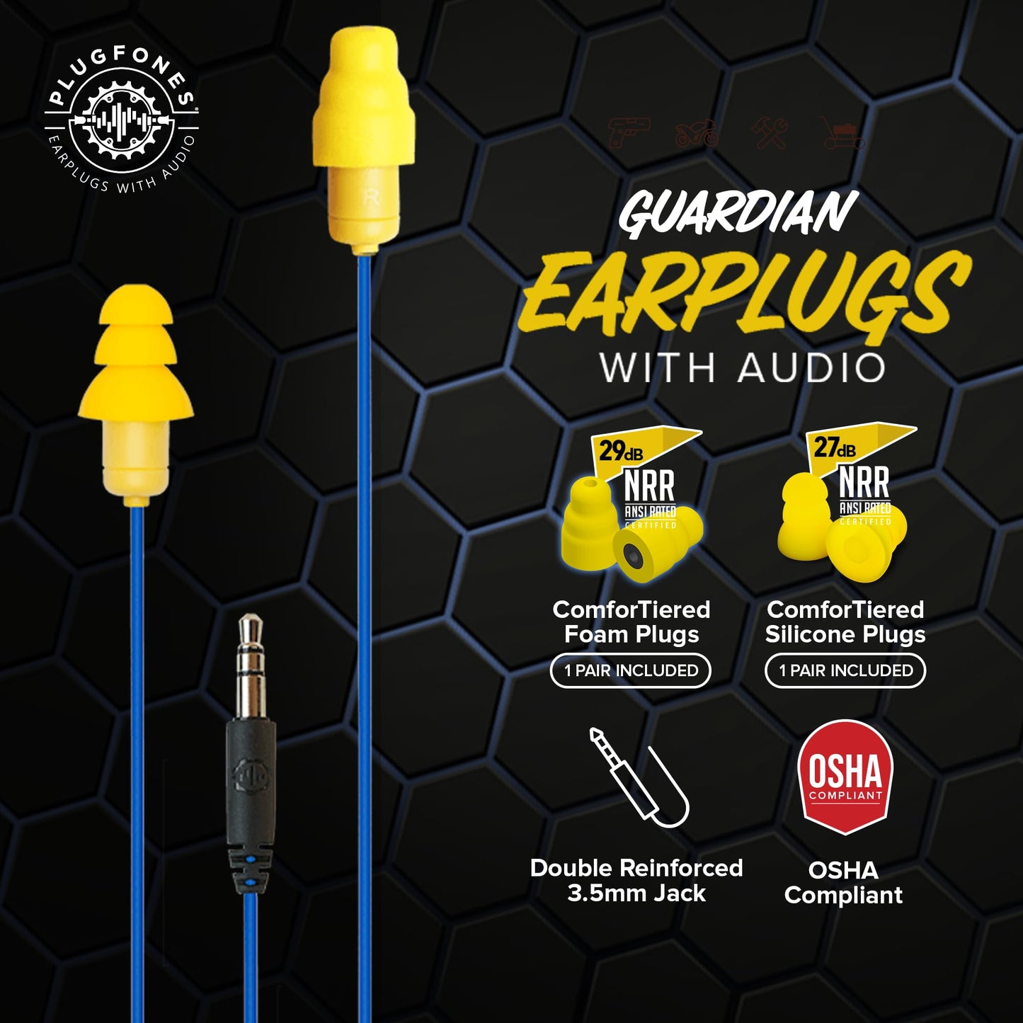 Plugfones Guardian Earplug Headphones - OSHA Approved Noise Isolating in-Ear Earbuds with Hearing Protection - Wired Hybrid for Work and Travel